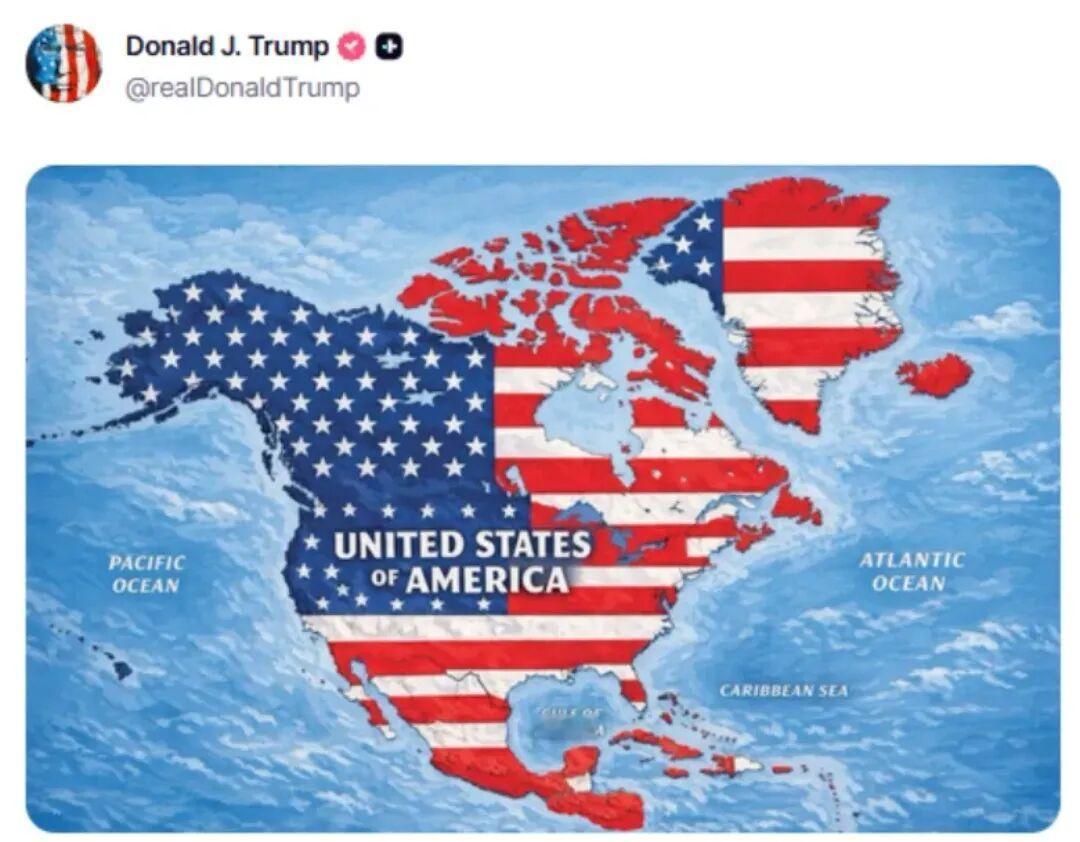 昨天川普在网上发了一张美国地图，把自己的领土野心彻底暴露出来了。加拿大、格陵兰、