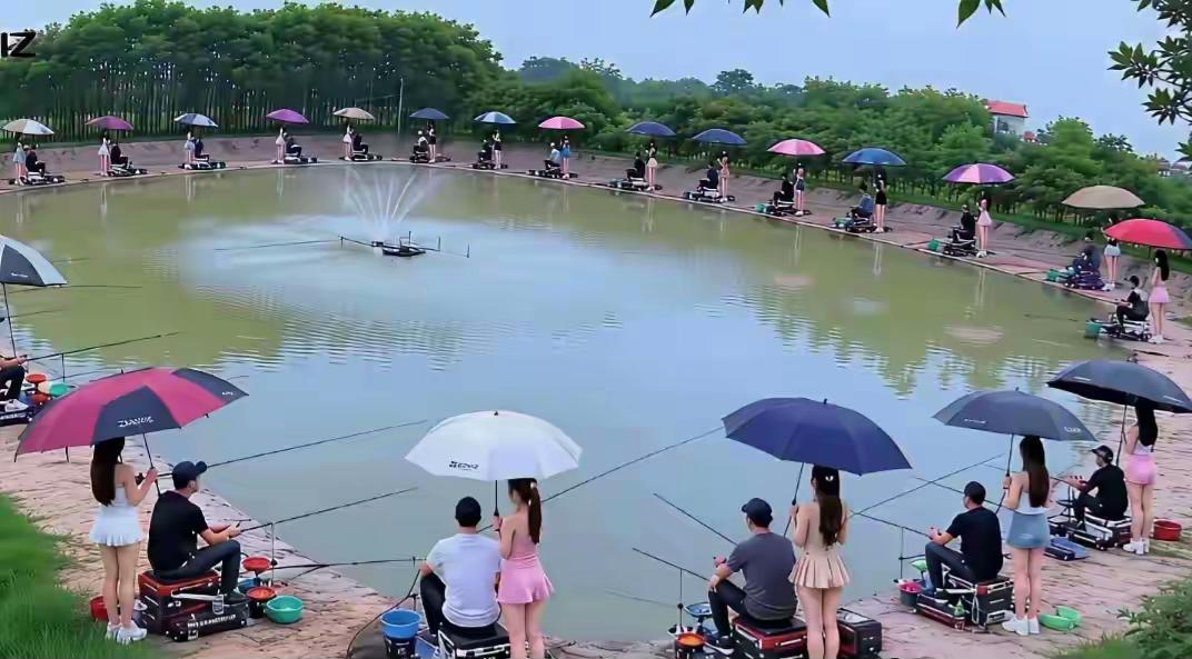 网红打卡之钓鱼

1. “陪钓”氛围拉满：最抢眼的是几乎清一色的“男坐女站”组合