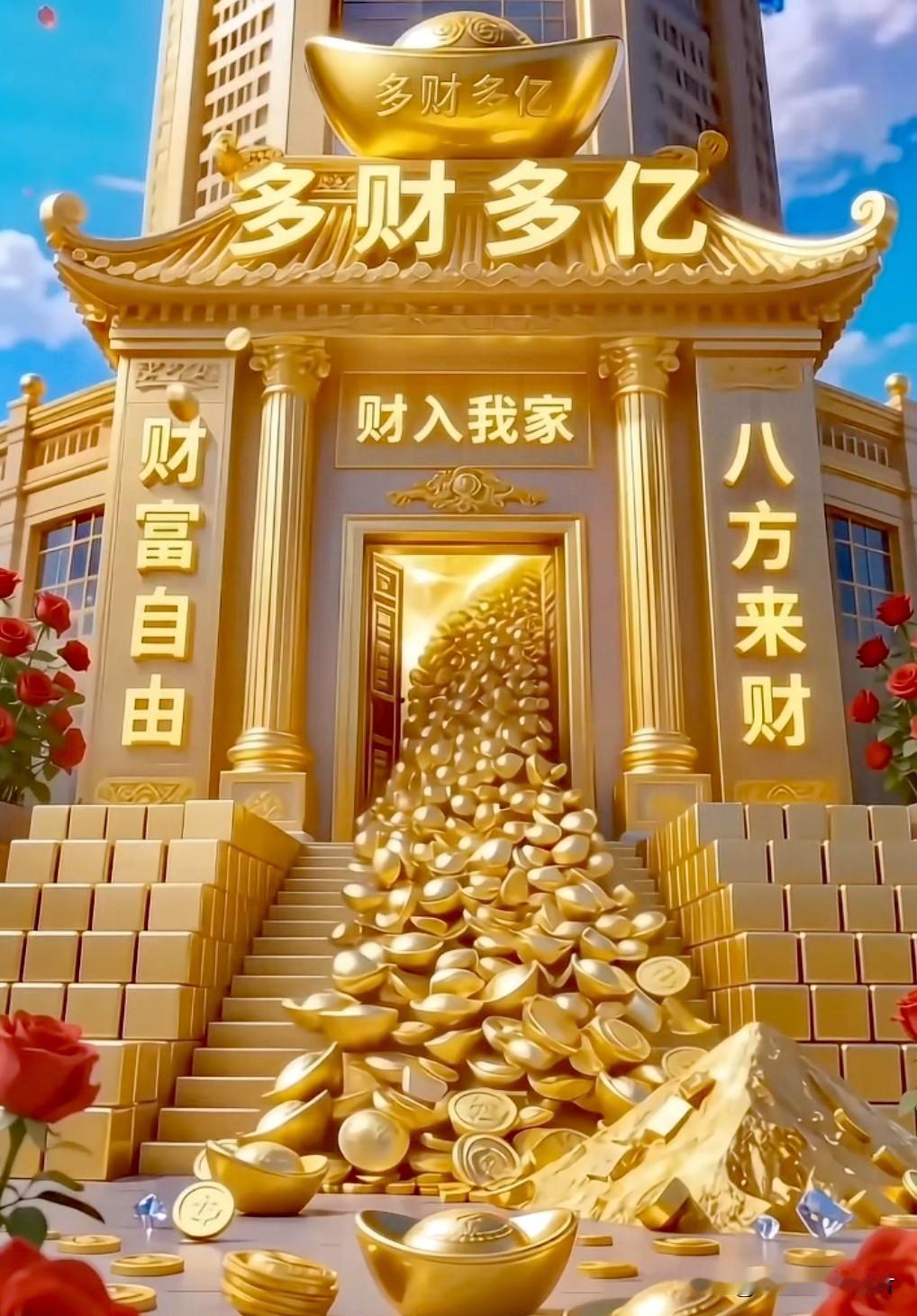 元宝盈门聚富贵，
财入家门万事光。