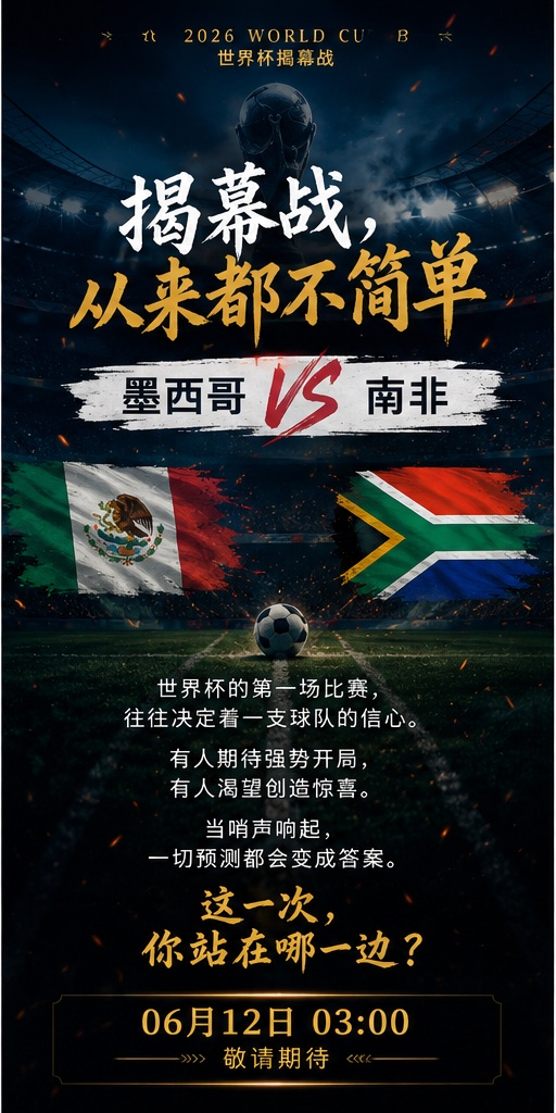 世界杯揭幕战正式开战世界杯 03:00 墨西哥vs南非开球：墨西哥倾向：让胜平比
