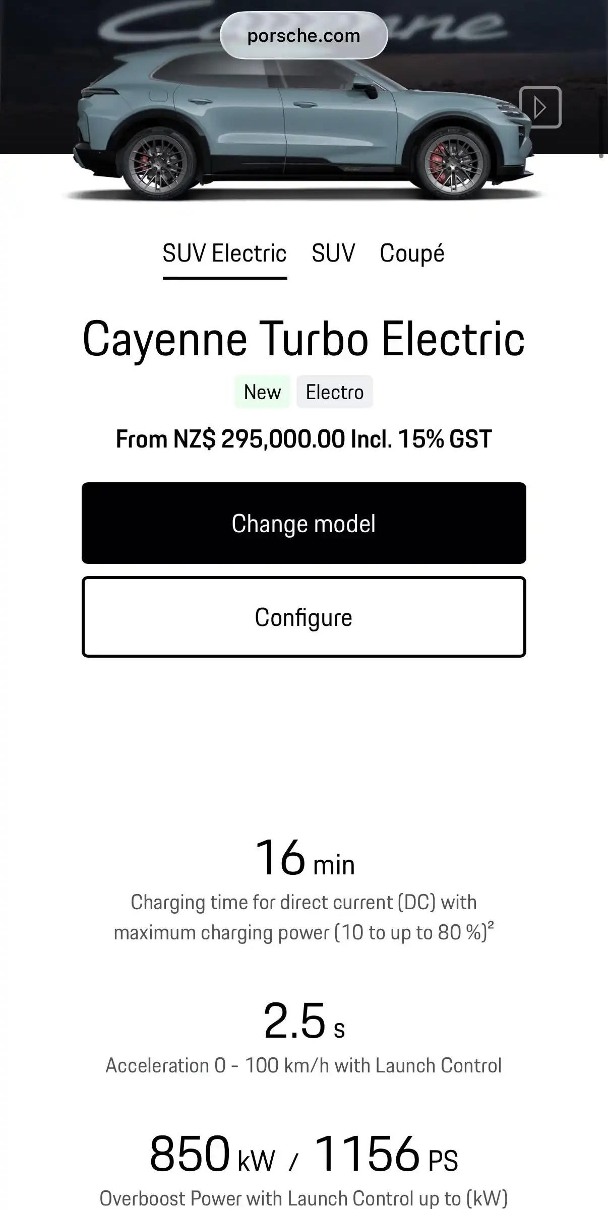 保时捷刚出的纯电卡宴，约合人民币大约118w，百公里加速2.5秒，1139马力，