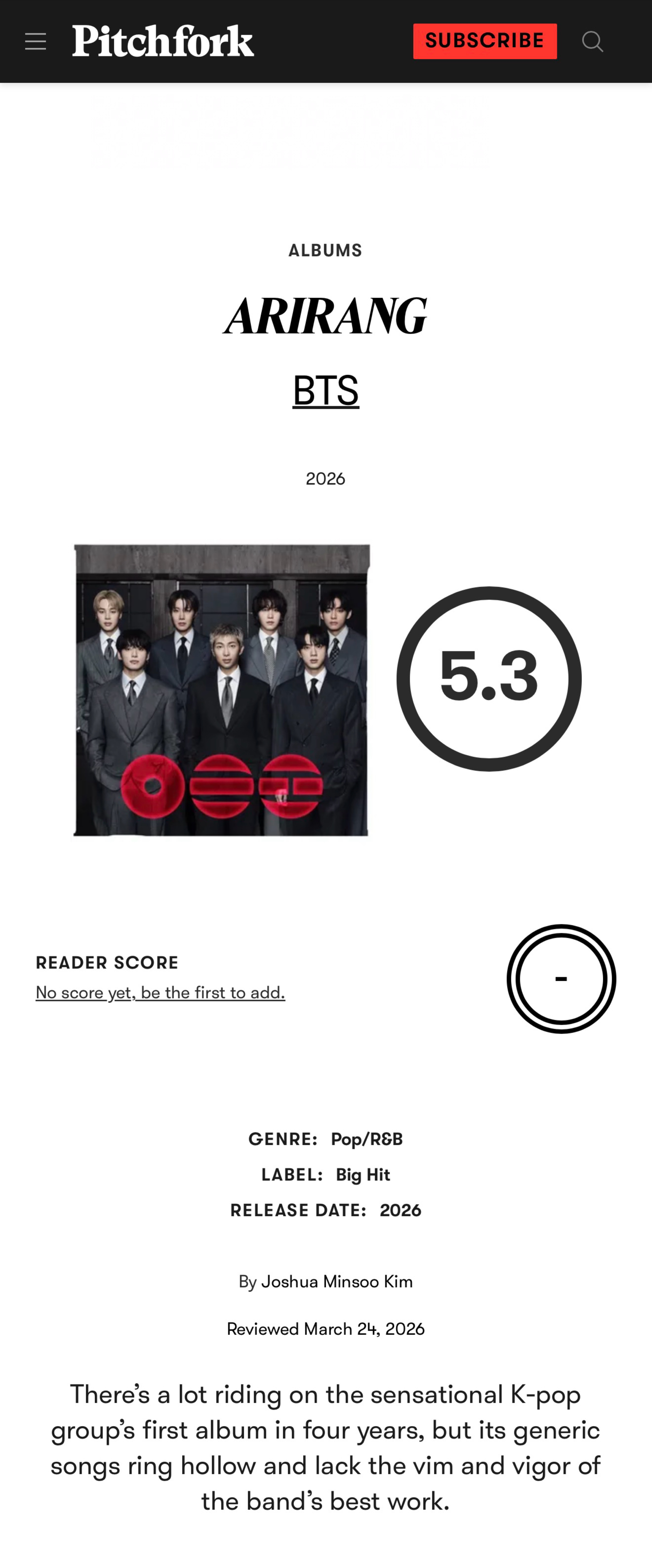 婊叉Pitchfork给防弹少年团BTS新专辑《ARIRANG》打分5.3（中评