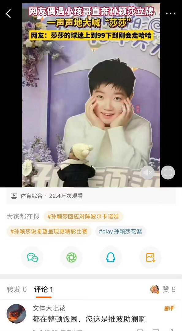 孙颖莎讨喜小孩子喜欢又不是孙颖莎的错，你们骂人家小孩子干啥，小男孩看着立牌喊“莎