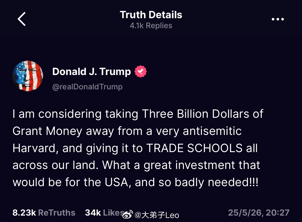 特朗普表示“我正在考虑将30亿美元的资助从充满反犹主义的哈佛大学撤出，转而用于支
