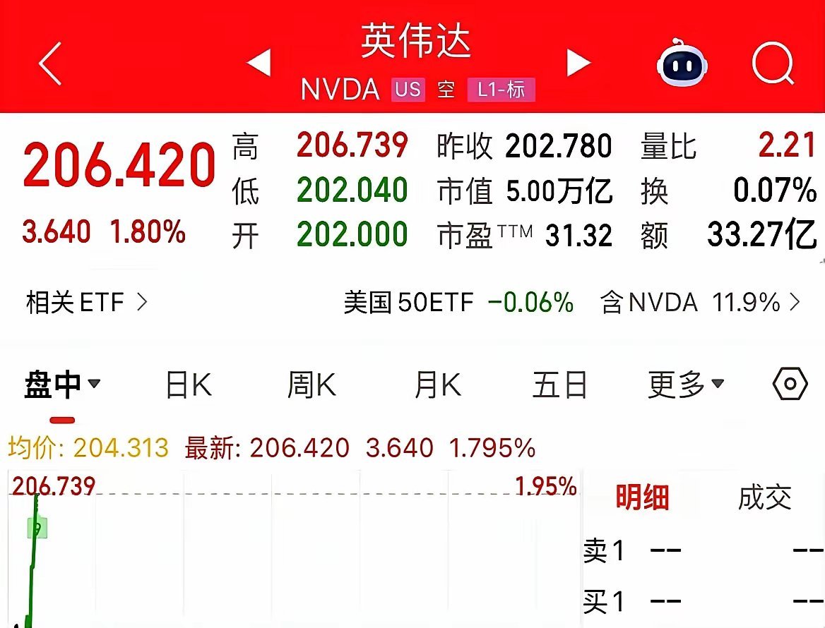 凌晨两点摸过手机刷行情，英伟达的红柱亮得晃眼，5万亿市值连抖都没抖一下。 再翻周