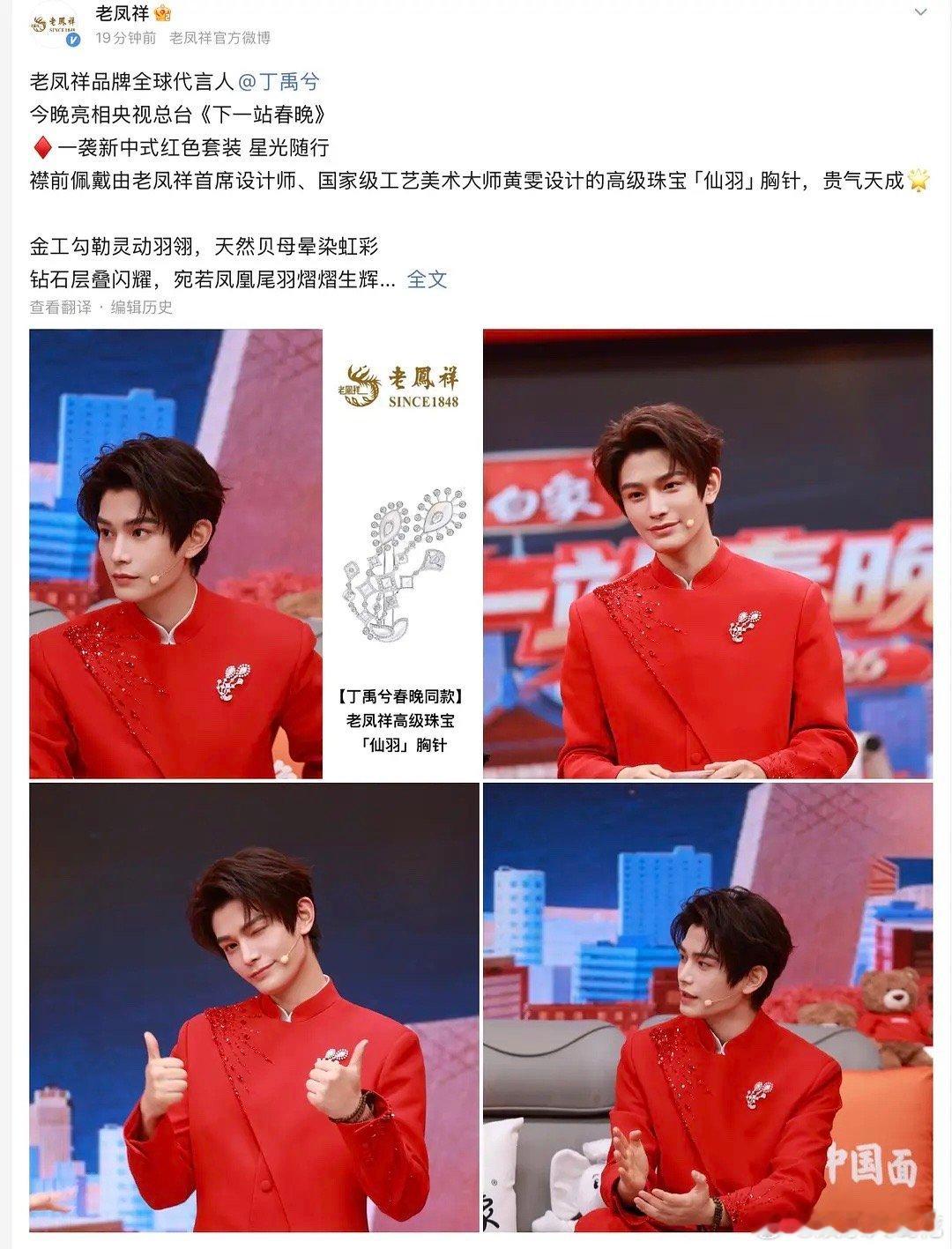 春晚品牌认领，丁禹兮佩戴老凤祥首席设计师高珠胸针红色配这个高珠胸针真好看啊 