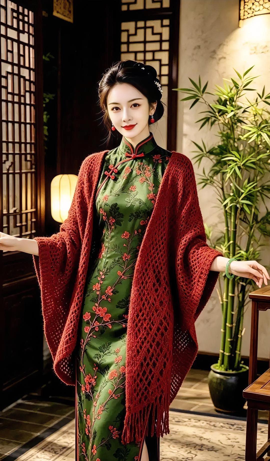 《红梅映绿缎的温婉》

竹影轻摇，古窗透出暖光，

墨绿缎面，绣着红梅的芬芳。