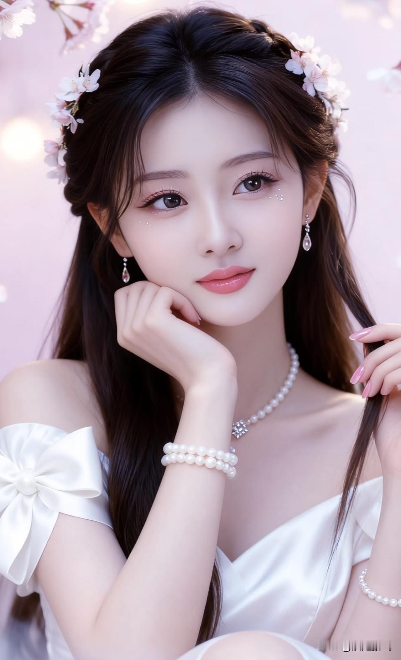 梦幻少女风，樱花发饰与珍珠饰品相得益彰，甜美动人。温柔气质发饰 少女甜美发饰 温