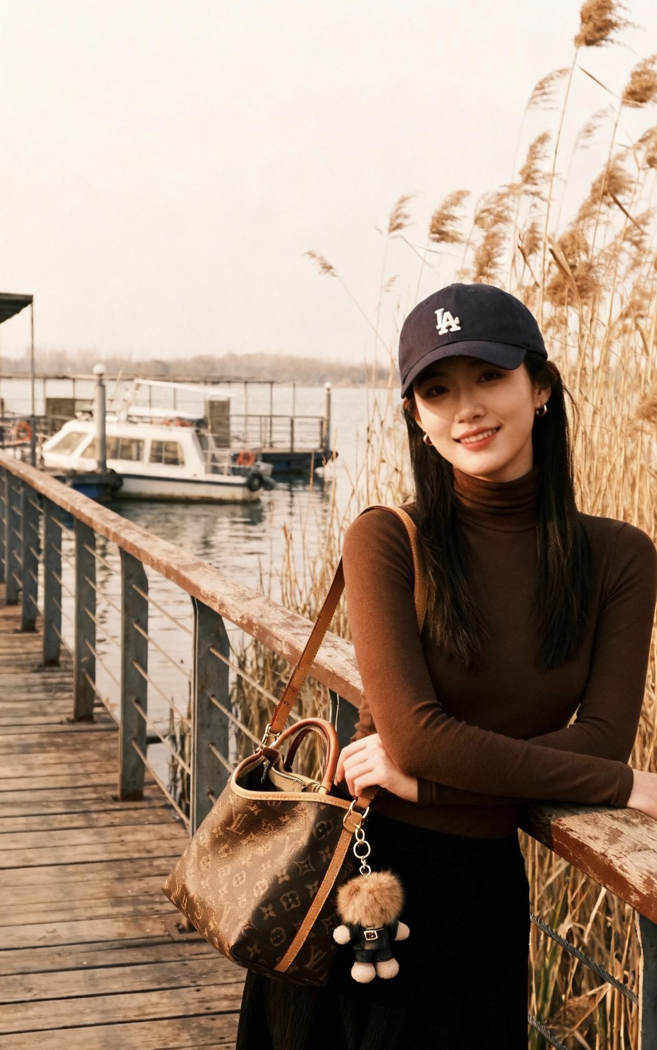 《岸畔晴光》
 
苇穗摇金岸草黄，晴光漫染木桥长。
檐垂帽影凝微笑，风入衫痕带浅