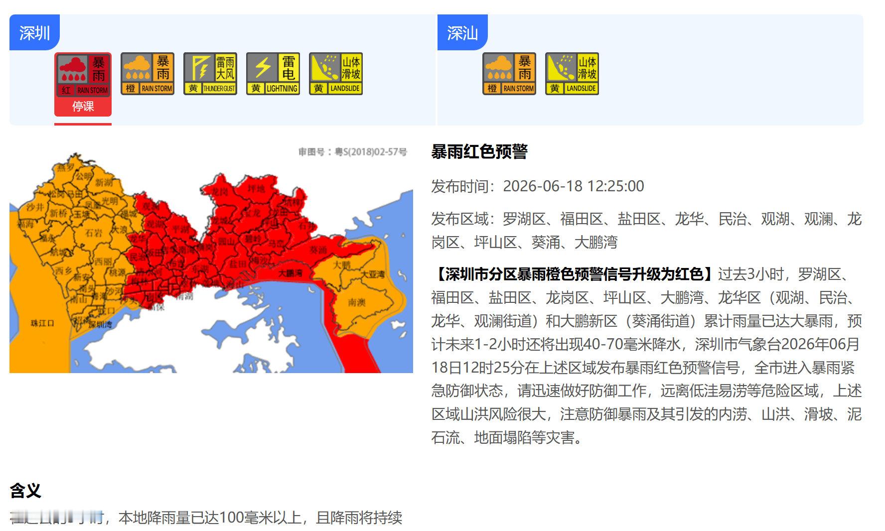 【深圳市分区暴雨红色预警生效中】深圳全市停课机场大面积航班延误 过去3小时，罗湖