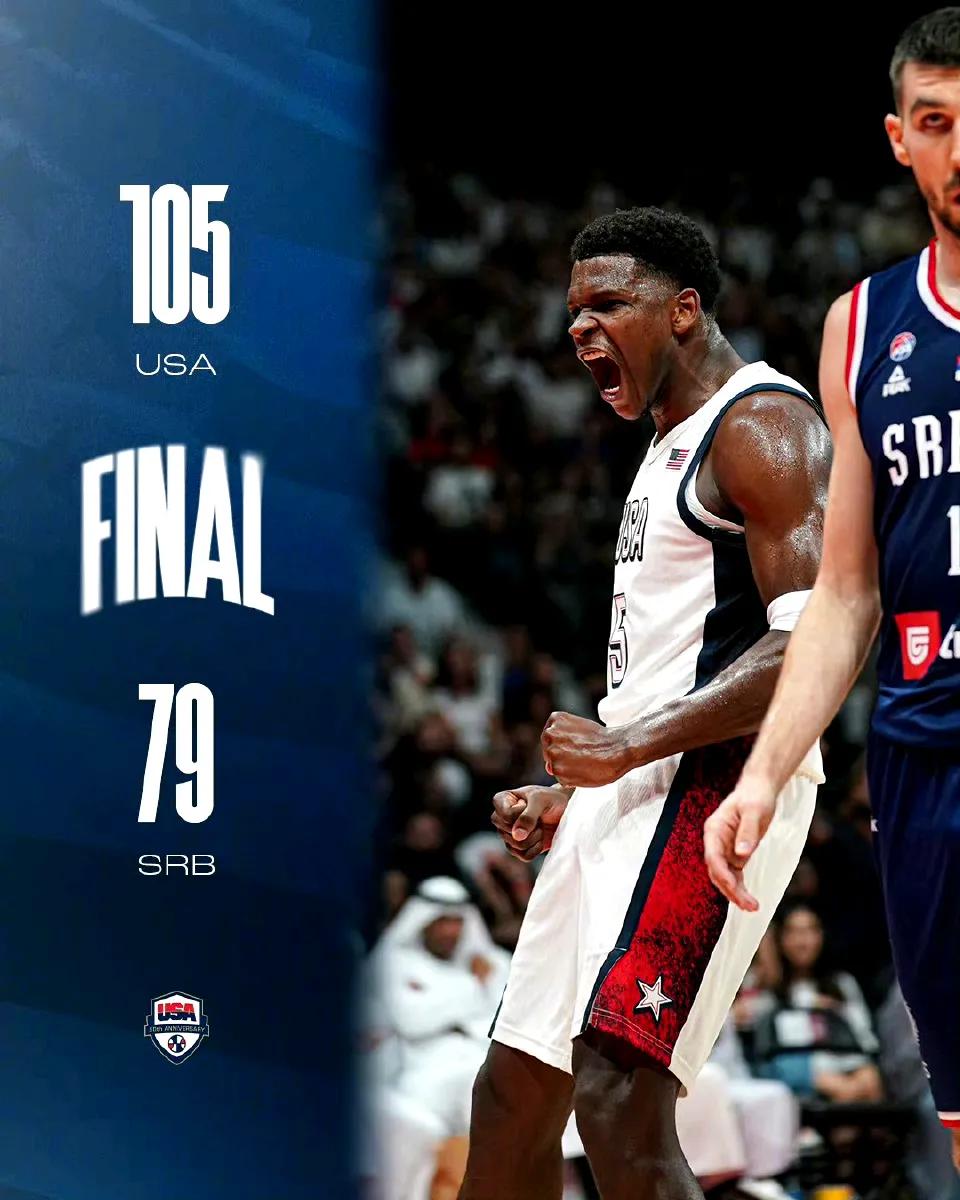 美国队第一射手库里三分9中6砍下24分！美国男篮以105-79大胜塞尔维亚26分