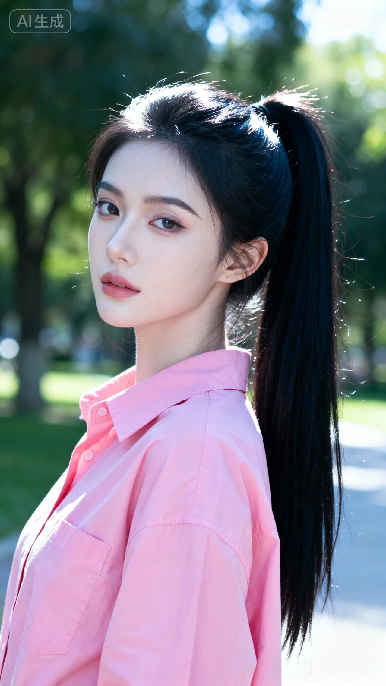 少女心爆棚的粉嫩衬衫与黑发马尾搭配，简直清新自然的代名词！今年夏天粉色衬衣超火，