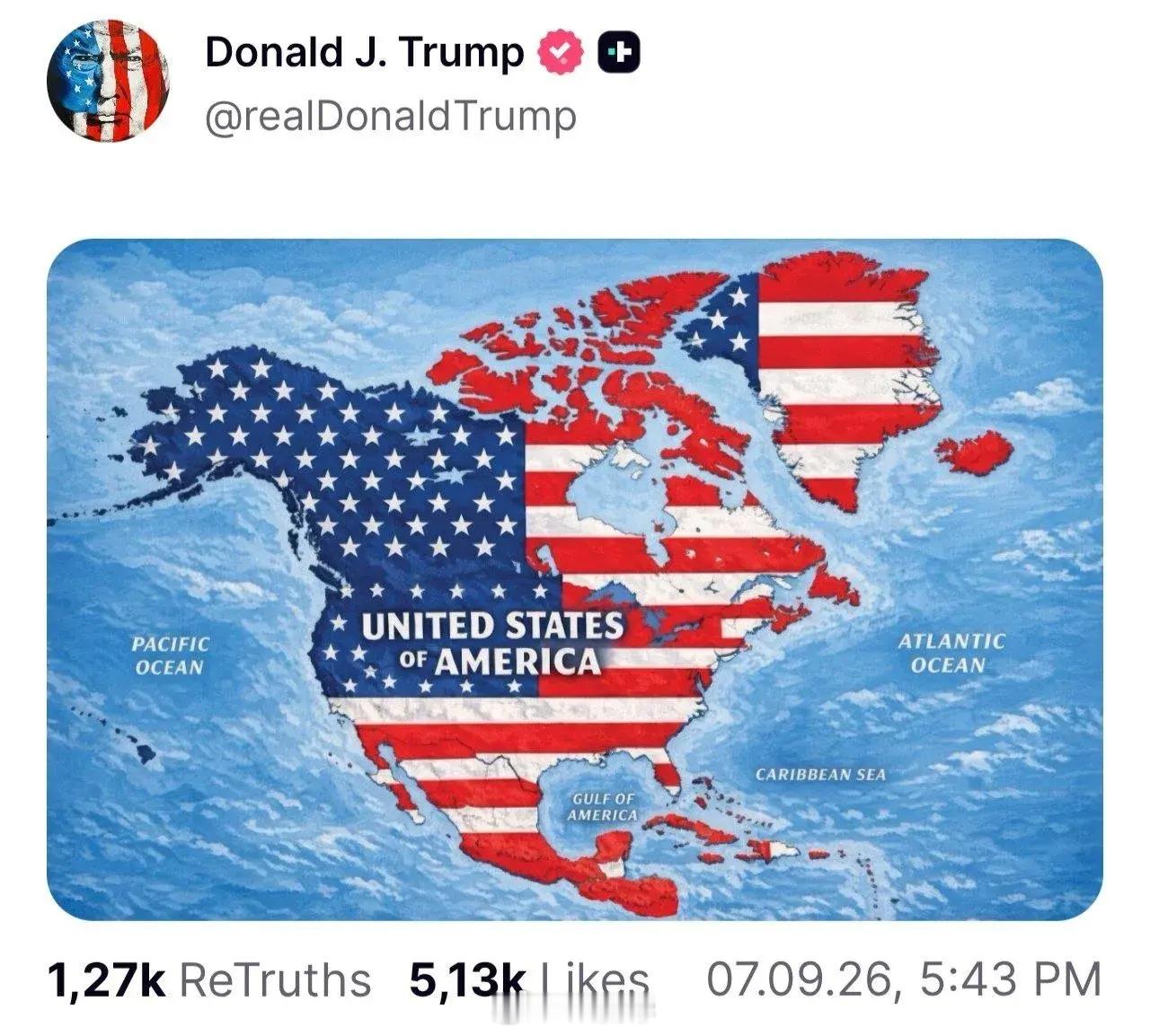 特朗普在他的社交媒体账户上发布了一张地图，地图上加拿大、墨西哥和其他几个国家以及