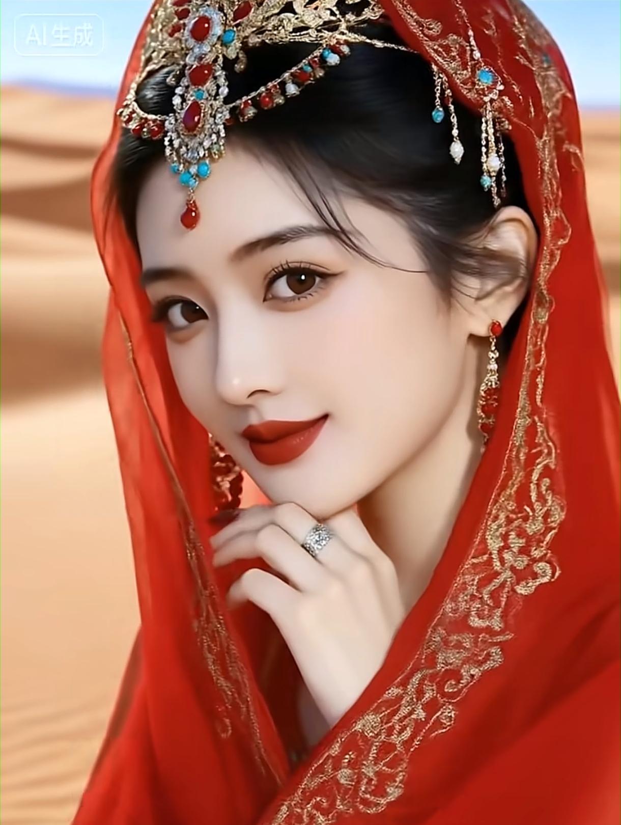 沙漠中的东方美人，红纱飘逸，金饰璀璨，惊艳了整个世界。分享你的随手拍 沙漠风情美