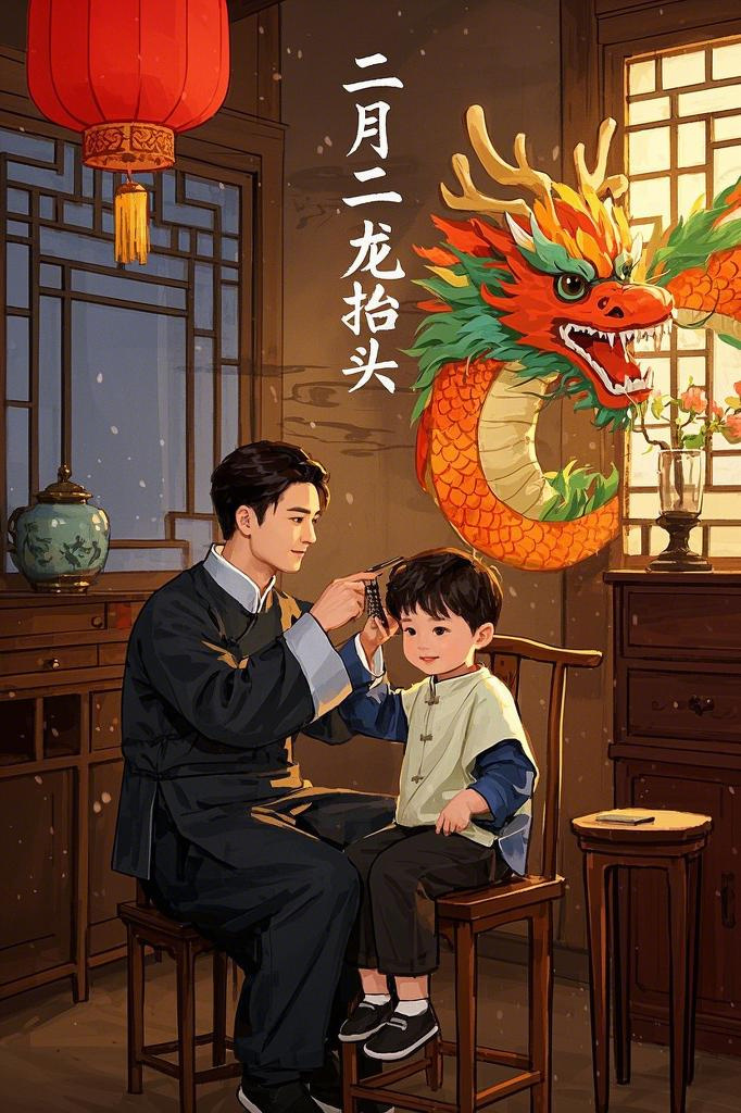 今天给儿子剃龙头，寓意辞旧迎新，迎来好兆头！今天你剪头发了吗？   室内朱灯照影