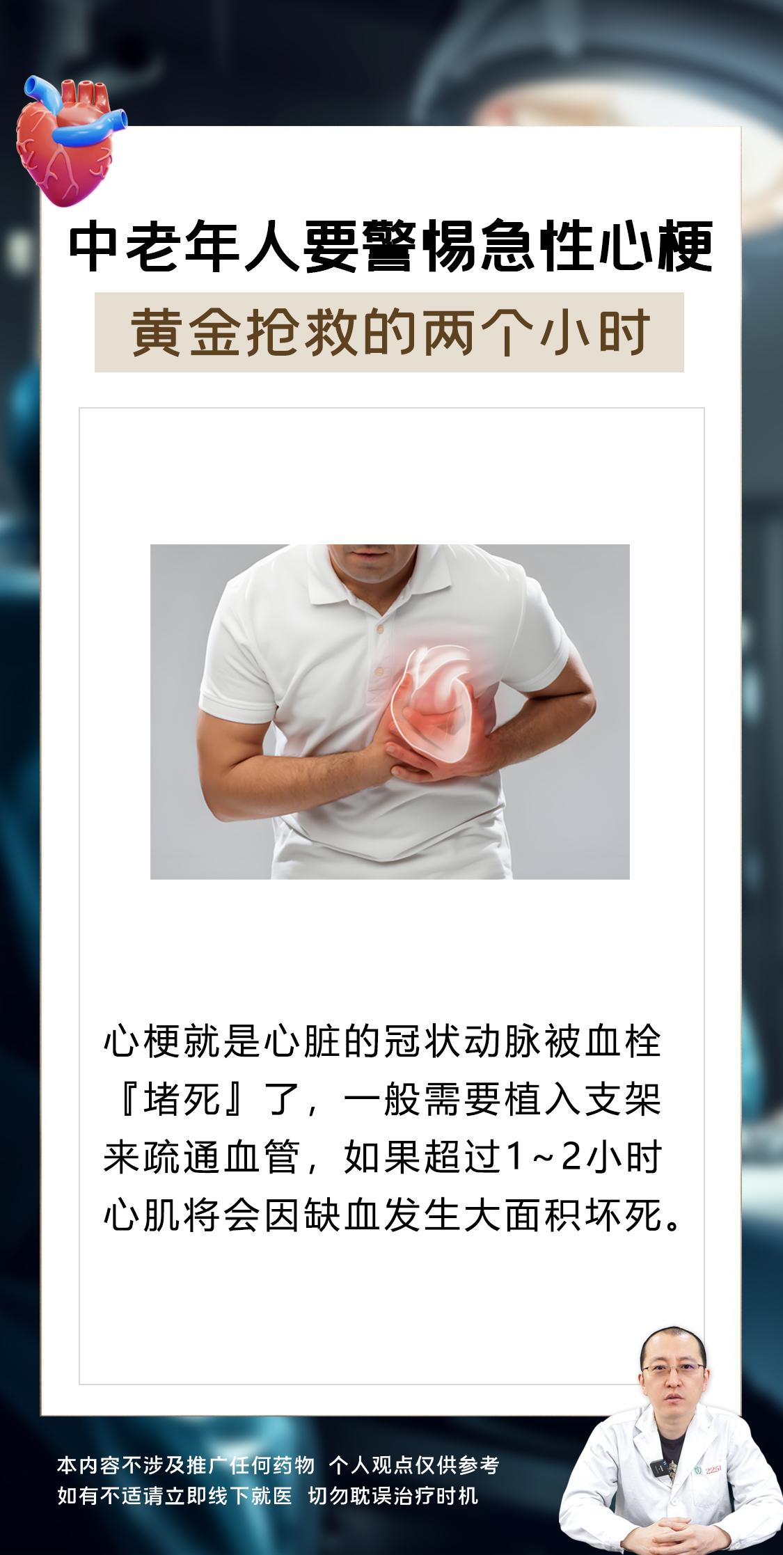 中老年人要警惕急性心梗，黄金抢救的两小时。