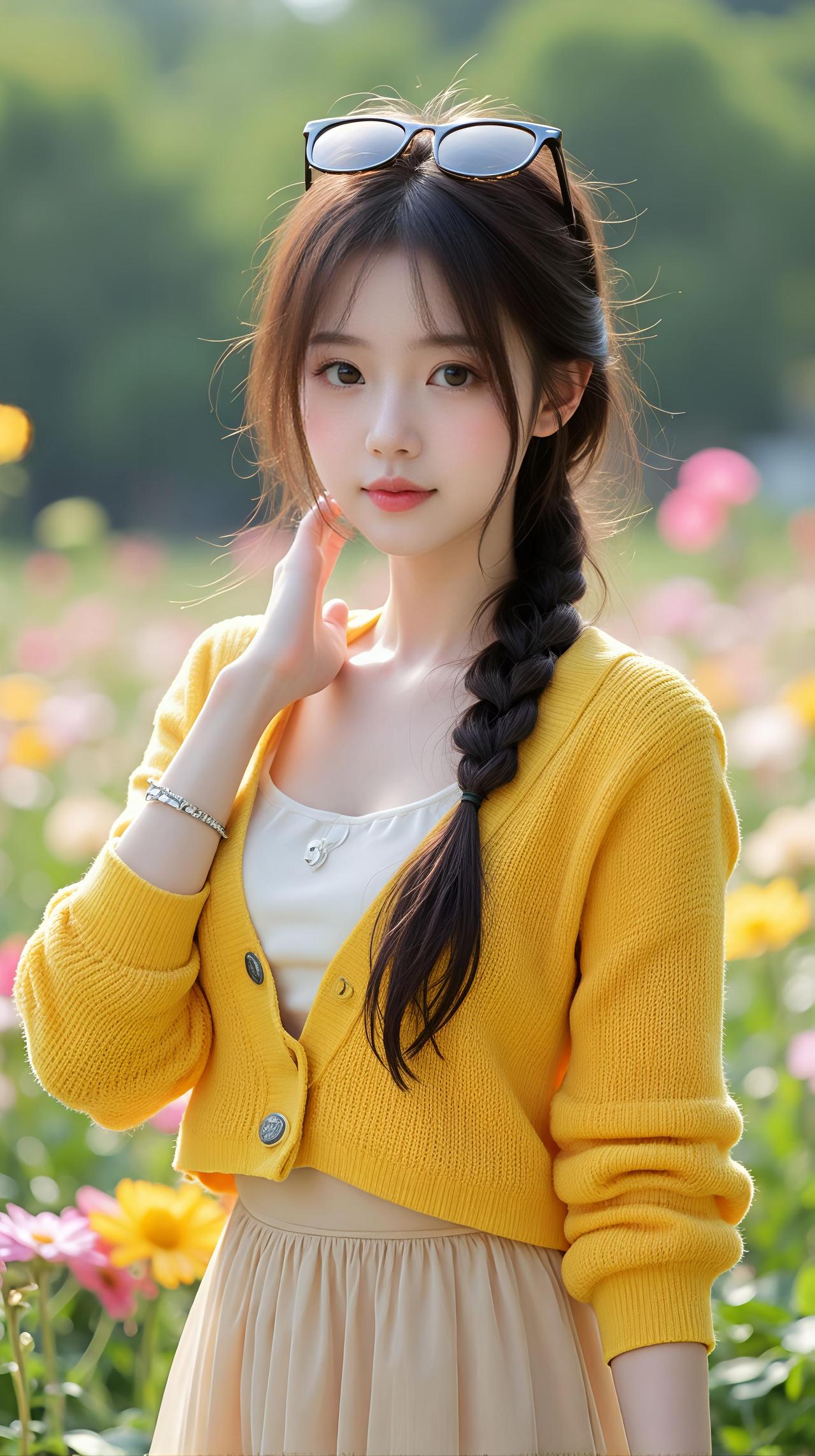 🌻 元气清新·阳光风
 
暖黄开衫赴花约，侧耳轻听风语。花海里的温柔，是夏日独