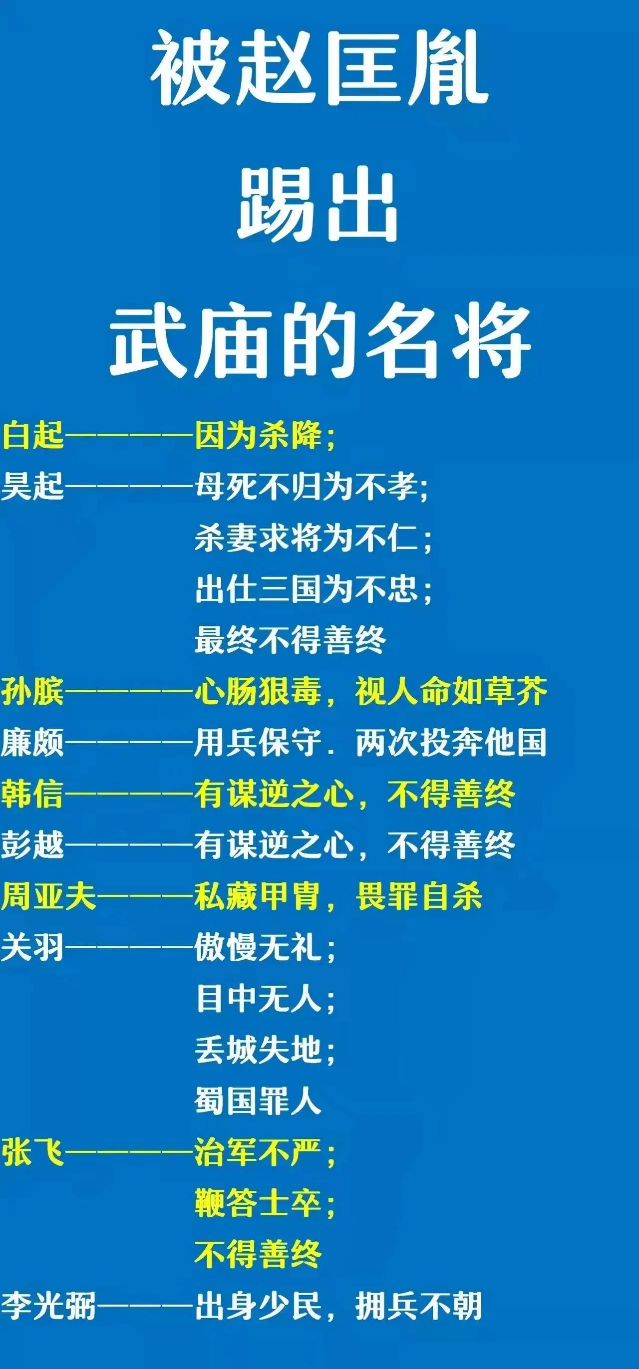 韩信：被赵匡胤踢出武庙；
孙膑：被赵匡胤踢出武庙；
廉颇：被赵匡胤踢出武庙；

