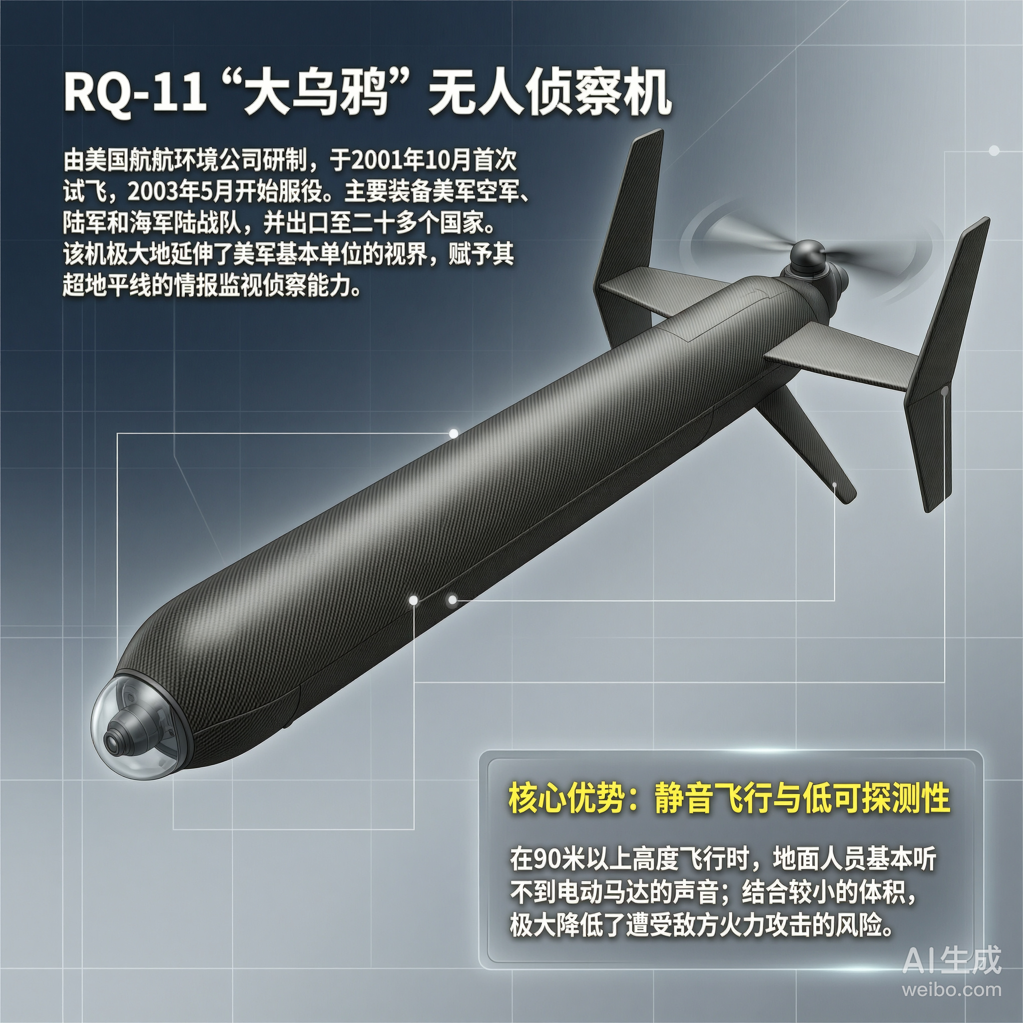 军事ai新视野 美国RQ-11“大乌鸦”无人机机身长度：1.09米翼展：1.3米