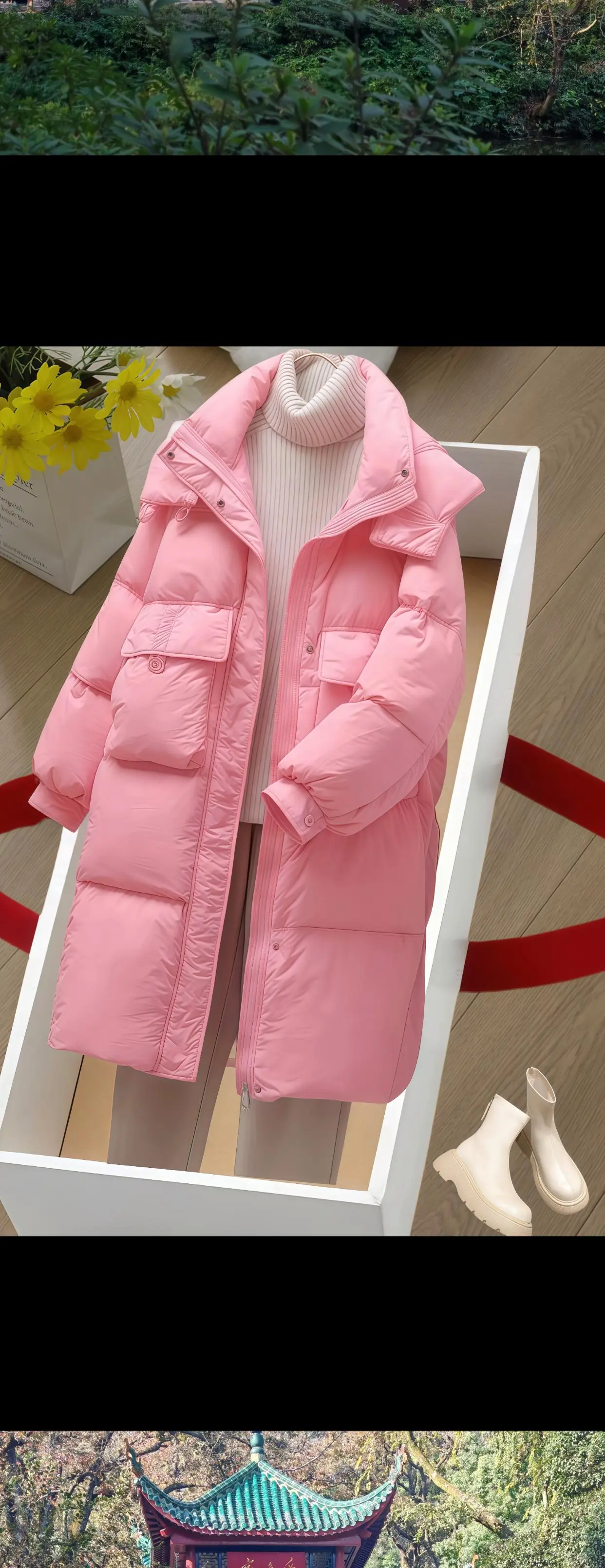 这件中长款外套！加厚的面料软乎乎的，再冷的风也不怕。连帽设计真的绝，不...