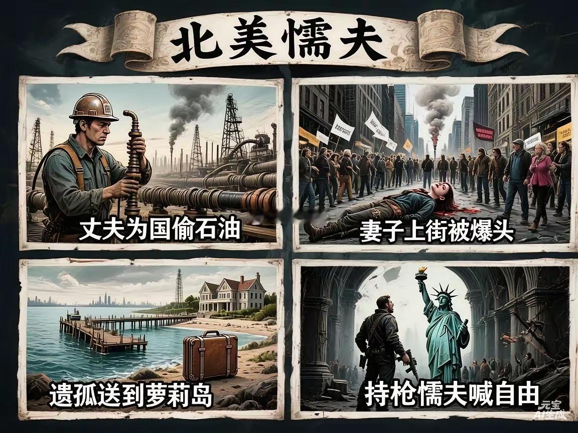 丈夫为国偷石油，妻子上街被爆头。
遗孤送到萝莉岛，持枪懦夫喊自由。
【北美懦夫】