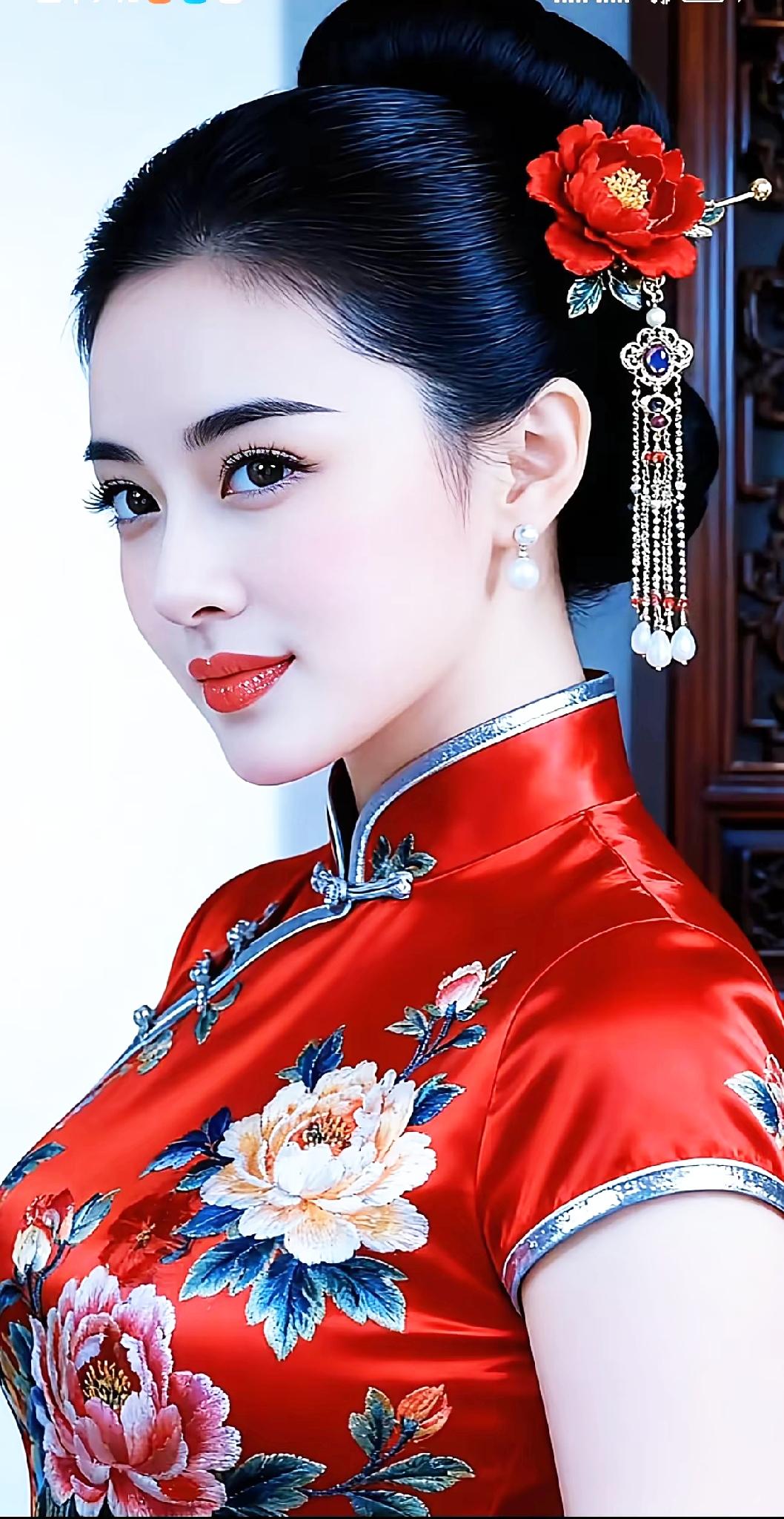 古典优雅，红衣美人，花枝招展，韵味十足。