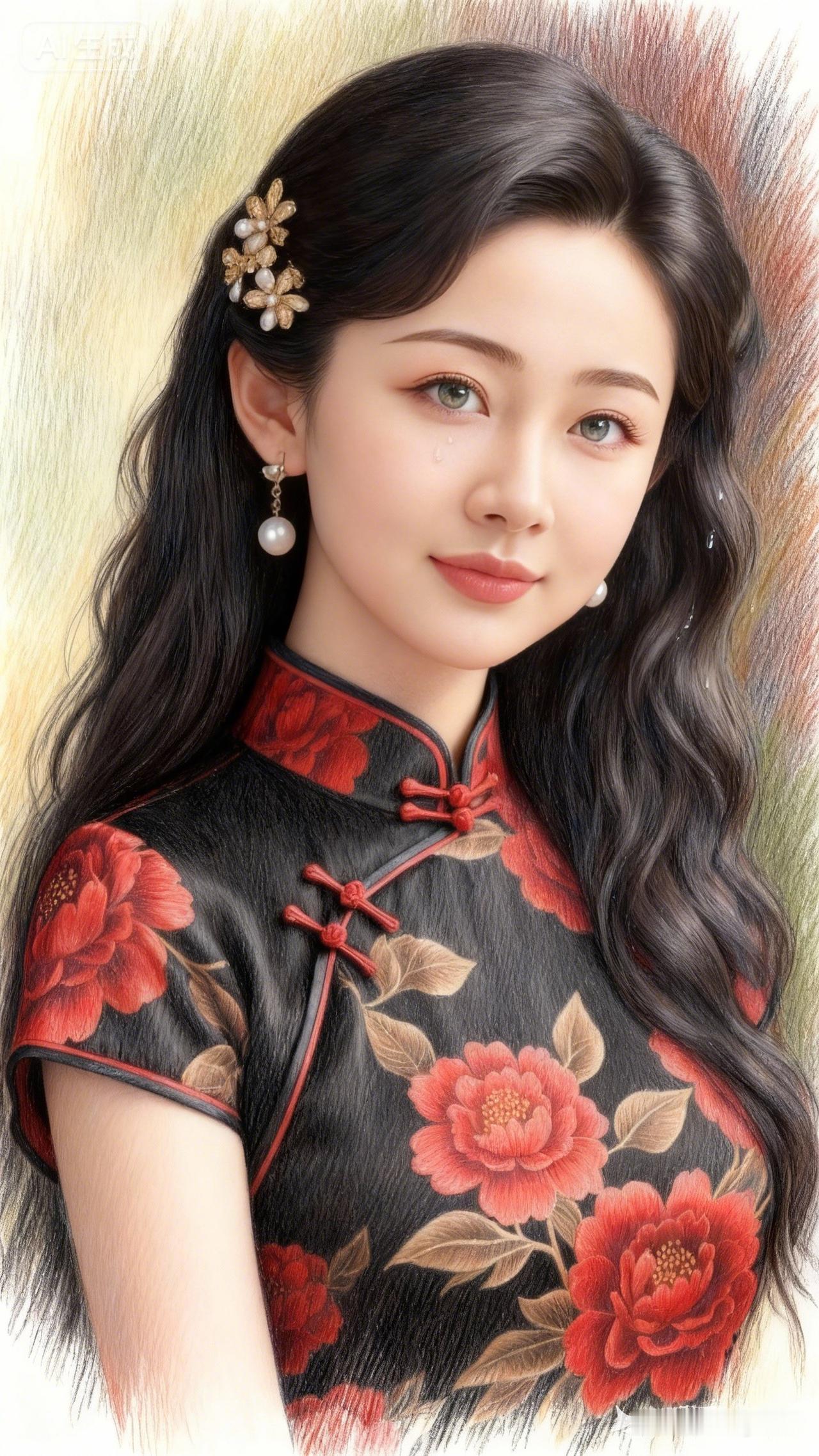 东方美人，黑发红衣，花枝招展，韵味十足。