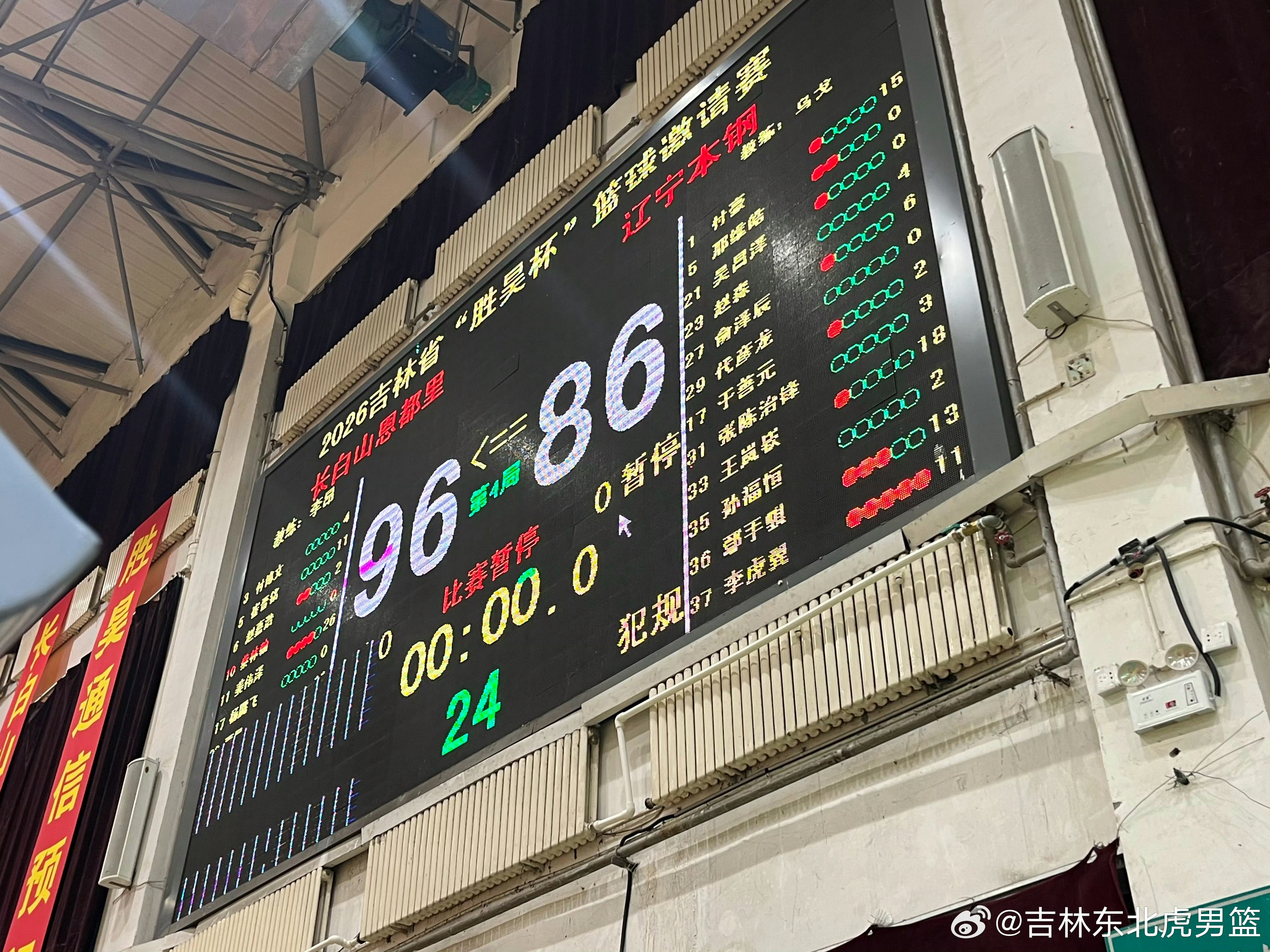 今晚辽宁对吉林热身赛第二场最终辽宁队不敌吉林王岚嵚得到18分，付豪15分，手帝1