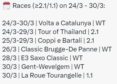 本周赛事：周一-周日：环加泰罗尼亚周一-周六：环泰国周二-周六：科皮和巴塔利国际