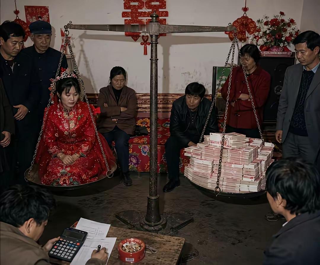 按称重来出彩礼，有种卖猪崽的感觉。
 
刷到这张流传很广的农村婚礼实拍图，画面冲