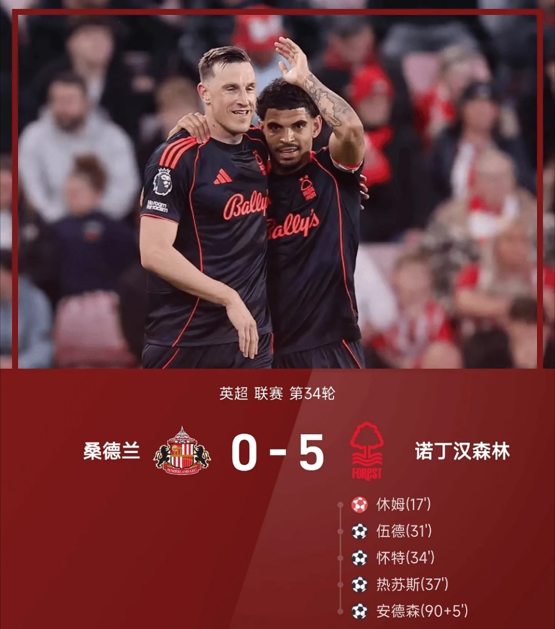 04月25日  25/26赛季英超联赛第34轮，诺丁汉森林5-0战胜桑德兰。上半