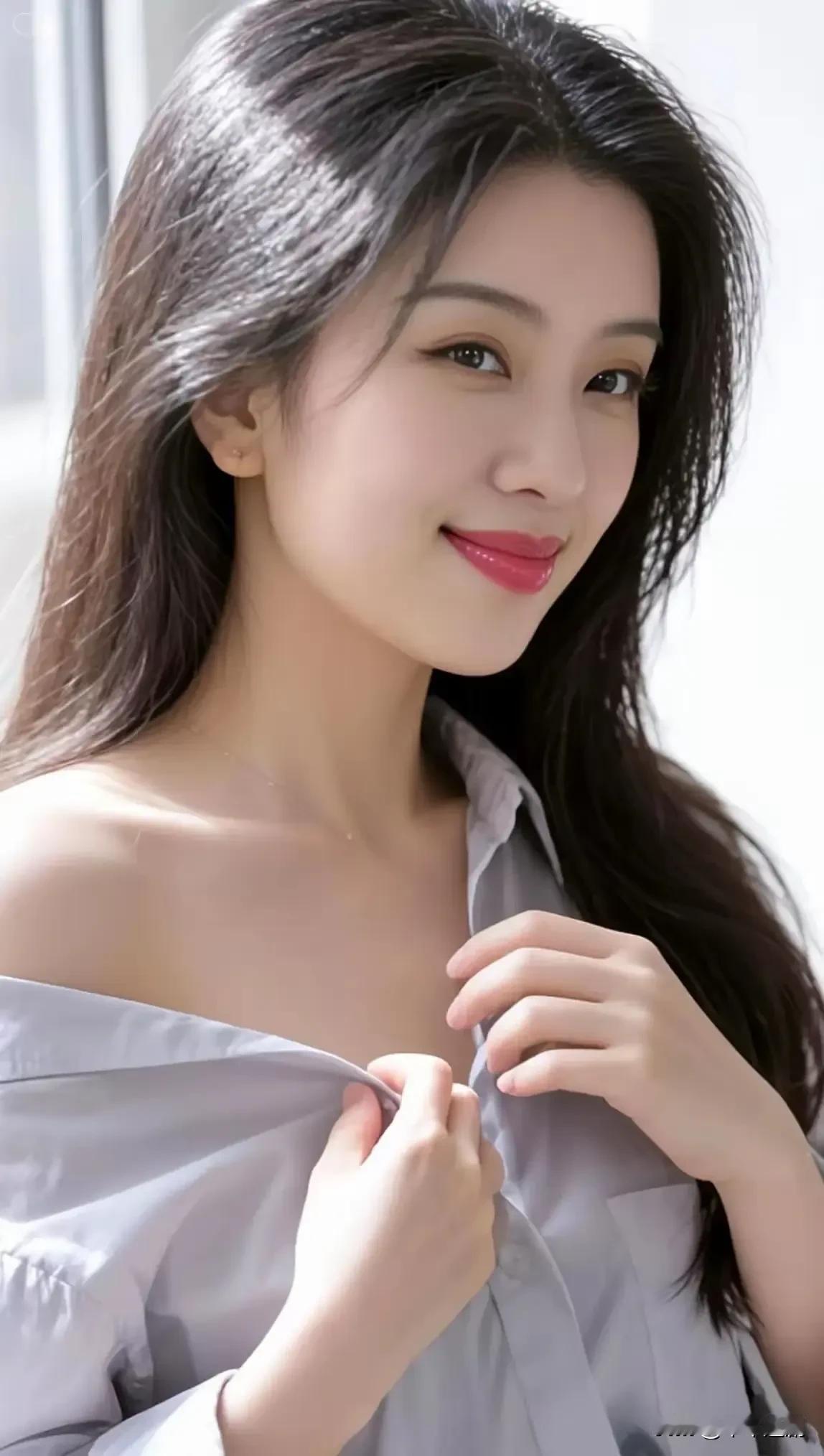 浅灰衬衫的露肩穿法揉出慵懒韵味，黑卷发被晨光镀上柔光，红唇一笑便漾开温柔
紫色衬