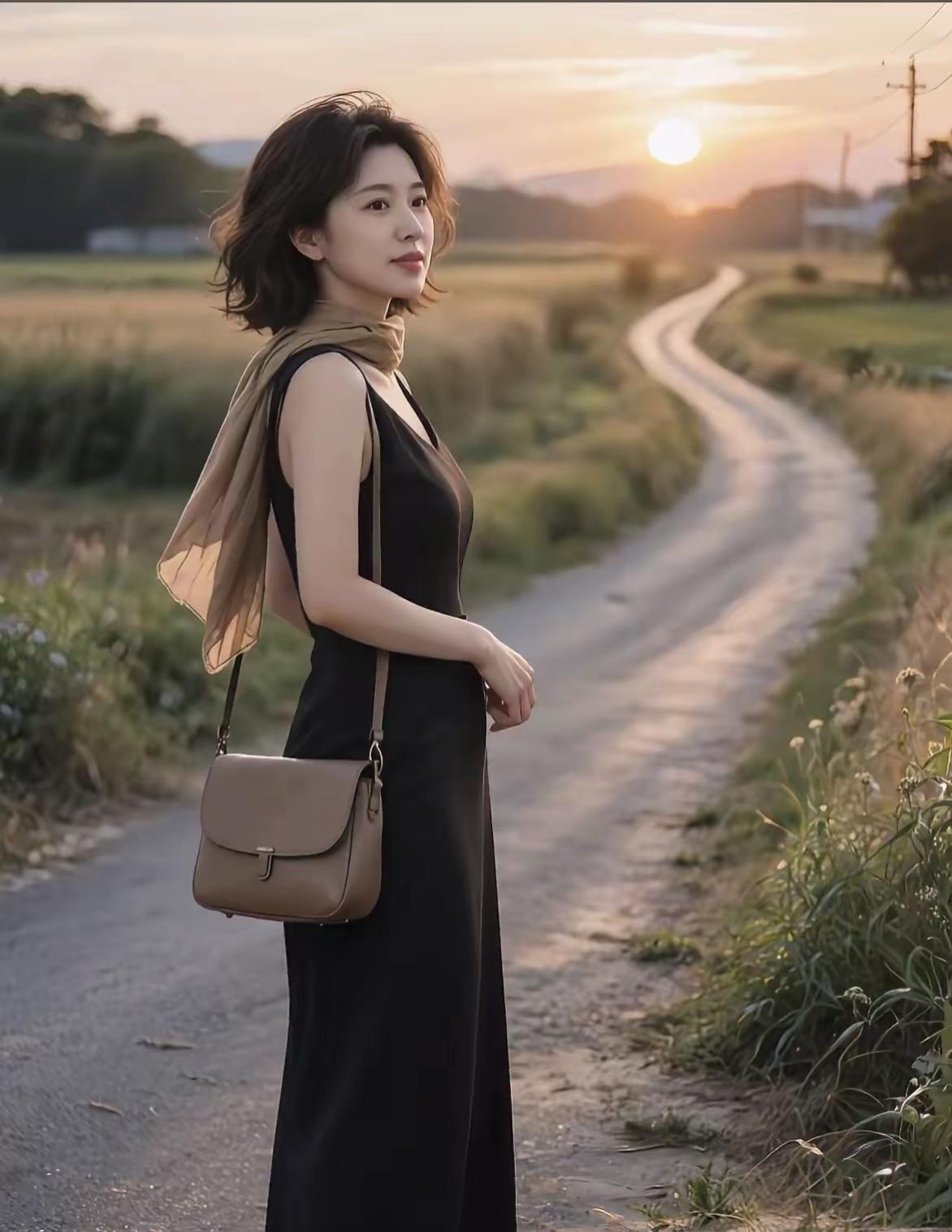 夕阳下的田间小路，优雅女子漫步其中，感受自然的宁静与美好。