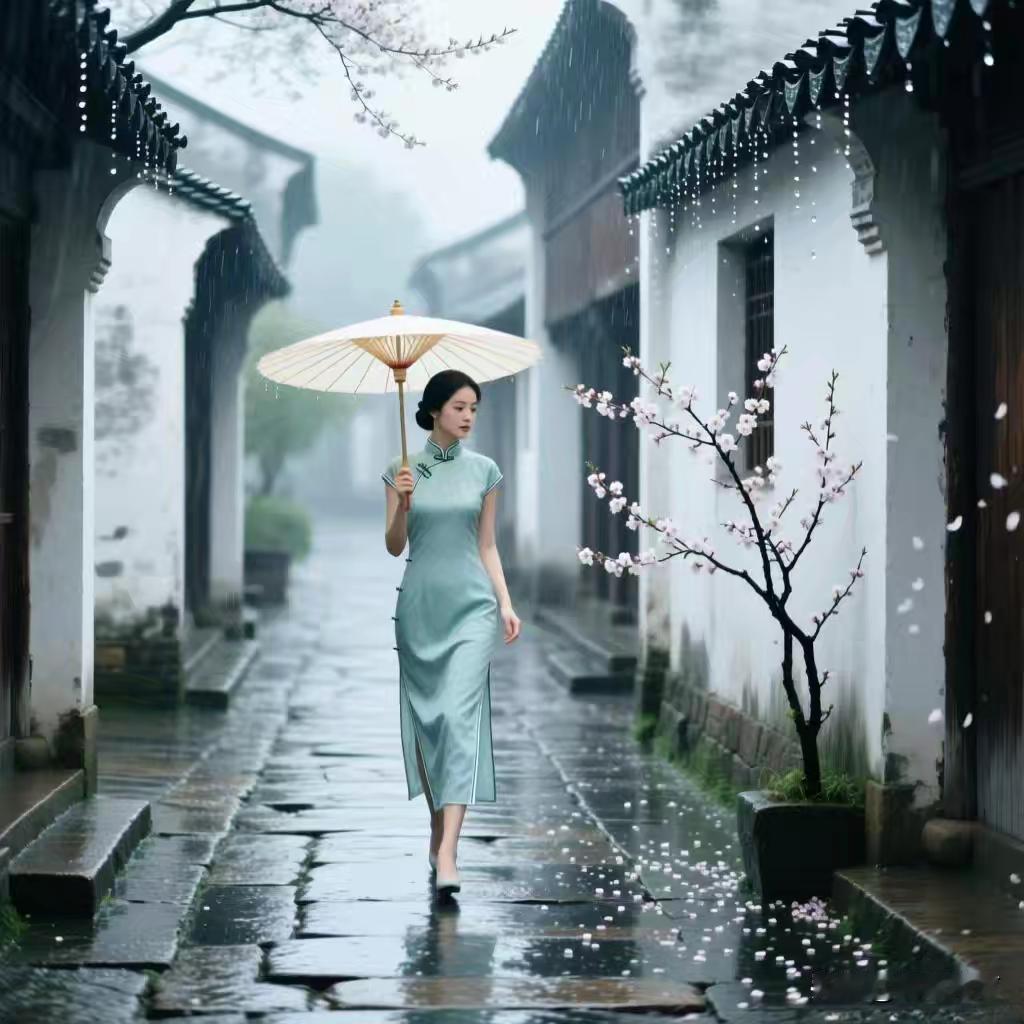 雨巷佳人
雨幕如烟漫古廊，
青阶浥露韵流芳。
佳人执伞徐移步，
半掩娇靥梦亦香。