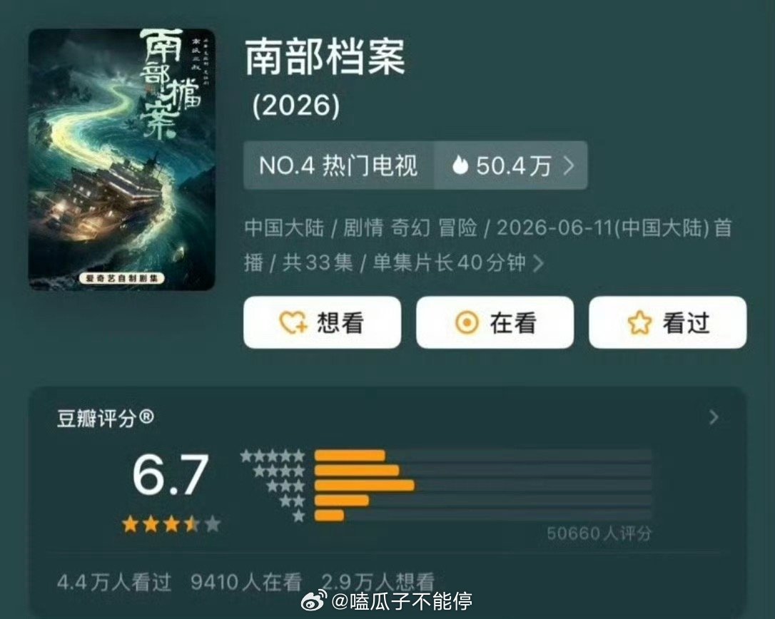 张新成、丁禹兮《南部档案》豆瓣开分6.7你觉得高了低了