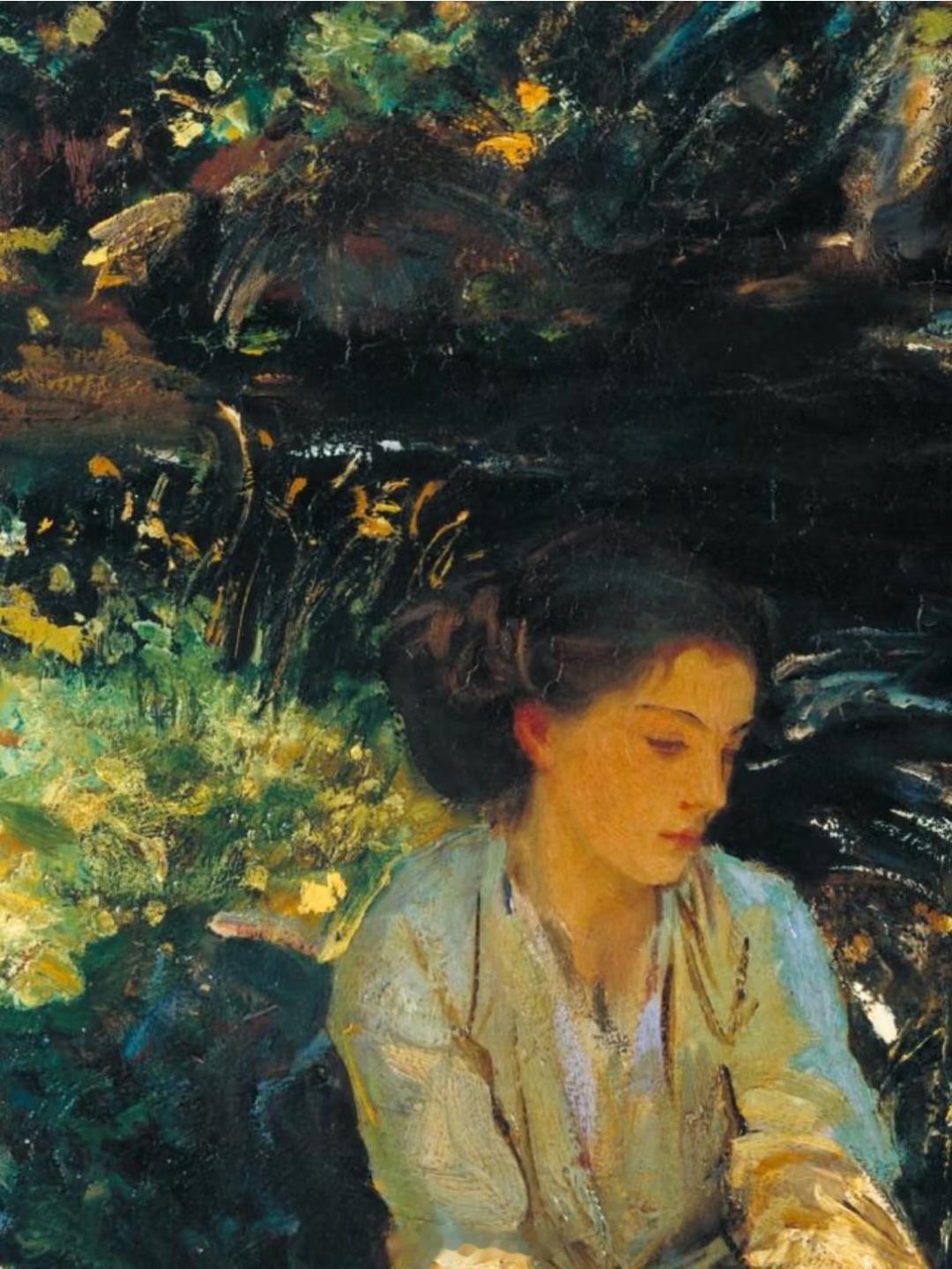 萨金特人物油画的光影变化这是一幅色彩丰富的油画，描绘了一位女性坐在自然环境中的场