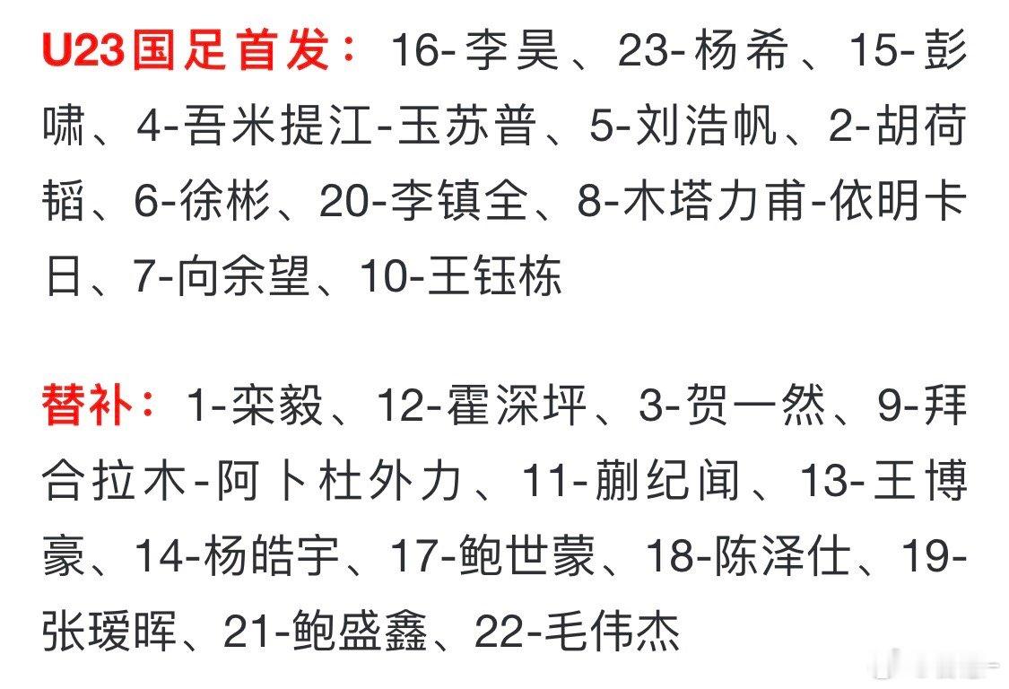 小王搭档向余望，拜合拉木替补，看看这个组合效果如何u23亚洲杯