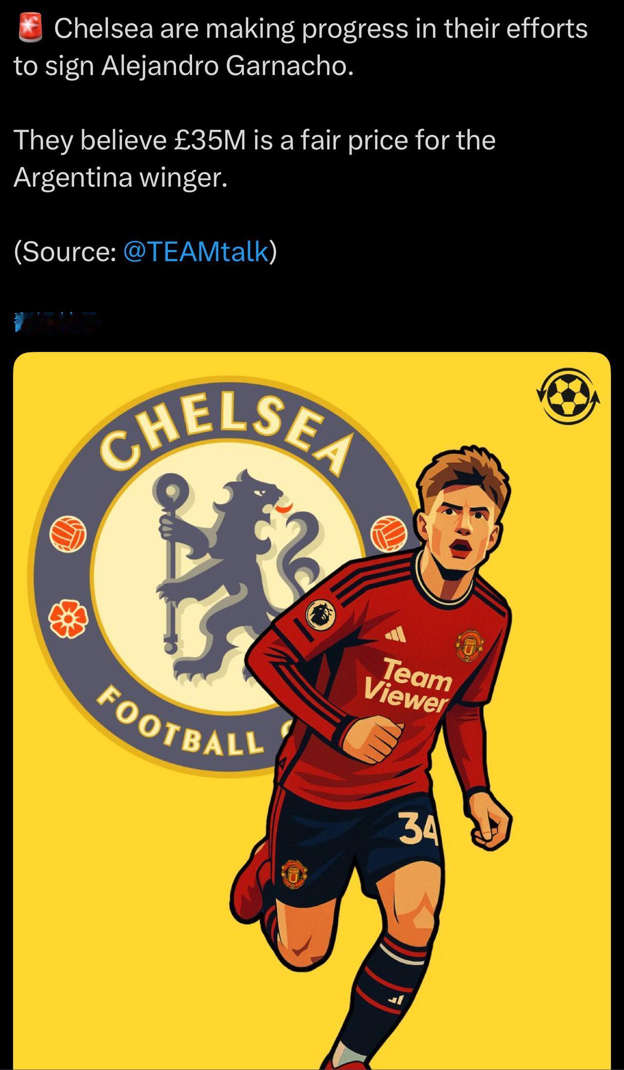 切尔西认为加纳乔的合理价格是3500万英镑。
🔴曼联要价5000万英镑。
🔵