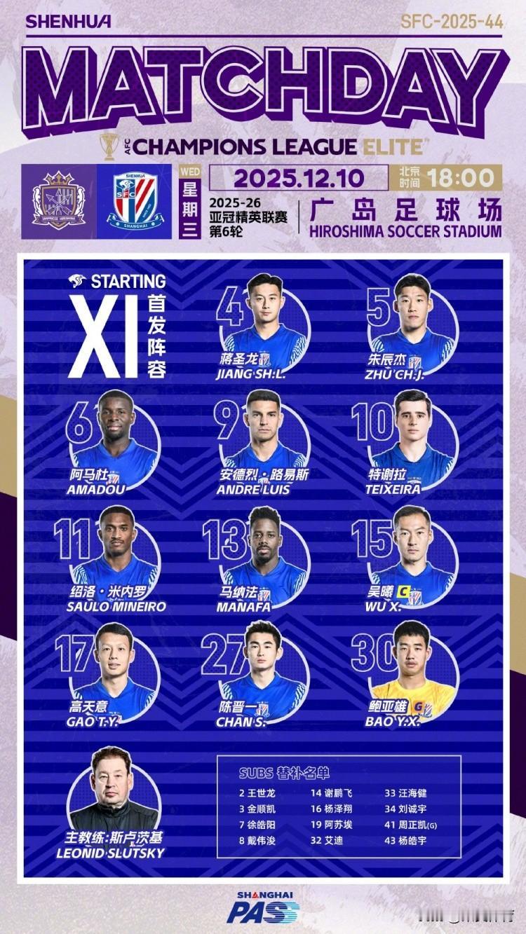 今晚，全主力出征的上海申花将客场挑战广岛三箭！
  目前上海海港在亚冠赛场成绩欠