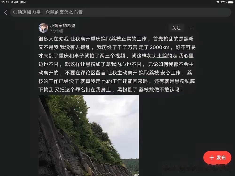 小魏现在太不容易了，千辛万苦，2000 公里走到重庆，找到荔枝，见了面，荔枝把他
