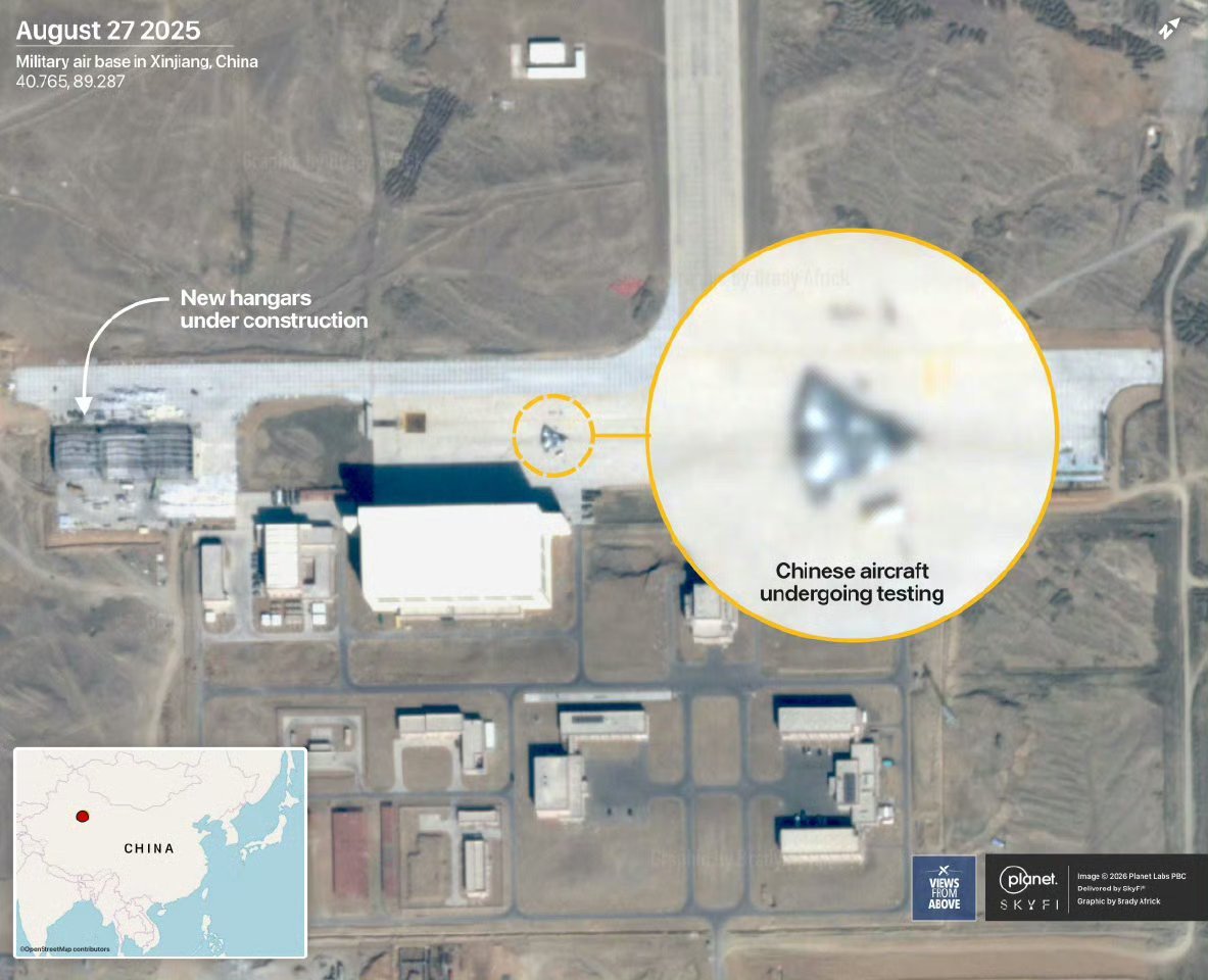 外网发布的西部某基地的最新卫星图，显示去年8月南6就在那边进行试飞了。 