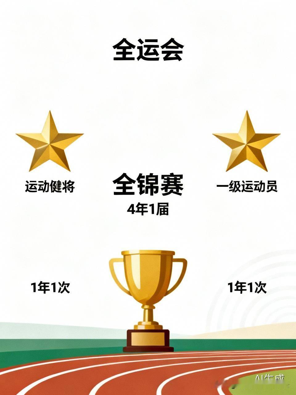 1、全运会4年1届，一般奥运会结束之后一年举办，国内最高规格综合性运动会， 金牌