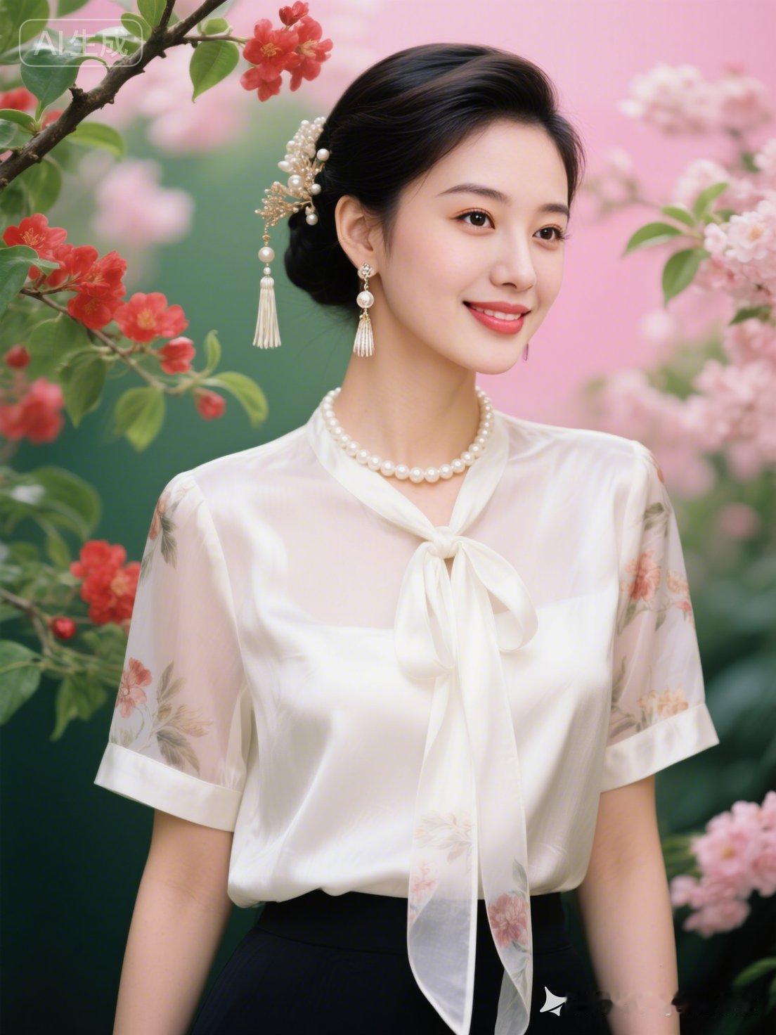 雅致绝色佳人气质雍容端庄，身姿丰润曼妙。蓬松微乱盘发点缀流苏发饰，身着乳白印花纱