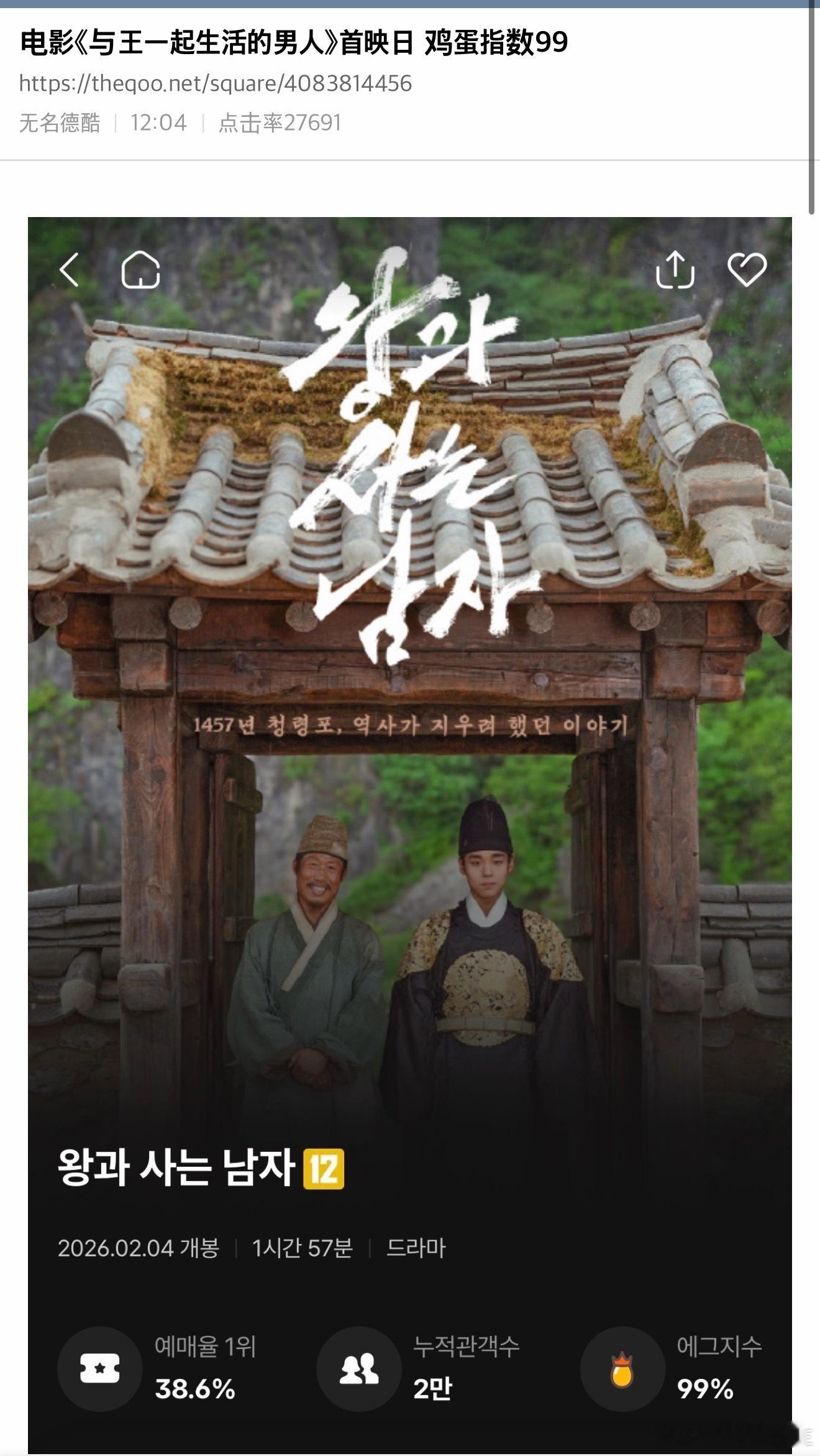 【热帖】朴志训柳海真电影《与王同住的男人》首映日 鸡蛋指数99 