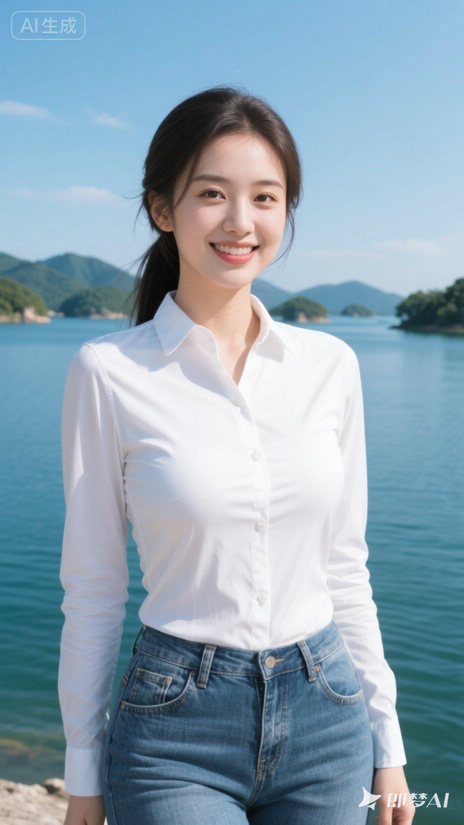元气少女在湖边微笑，清新自然，元气满满！🌞💕