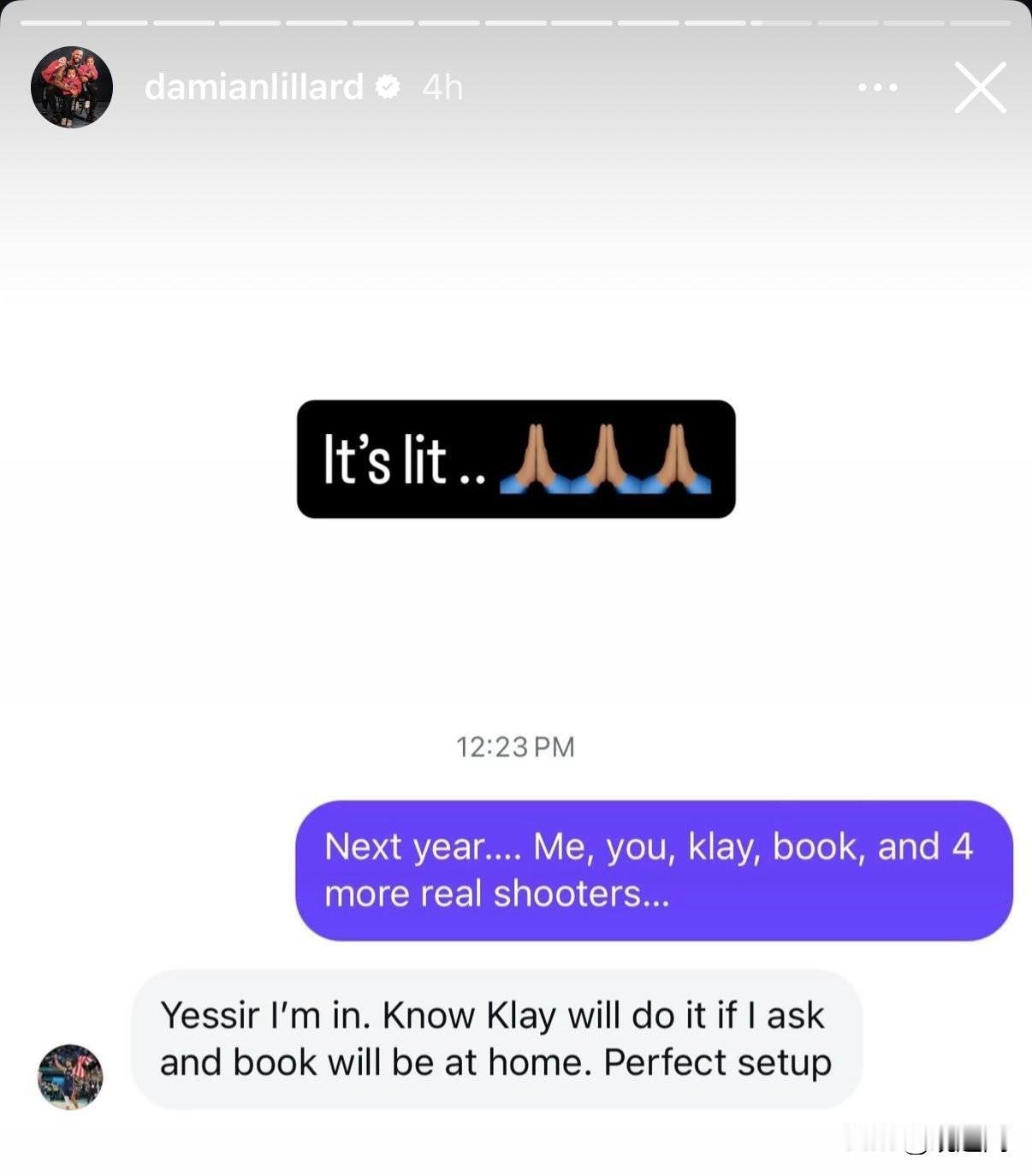 利拉德直接在INS晒出和库里的聊天记录，当场约战2027全明星三分大赛！

利拉