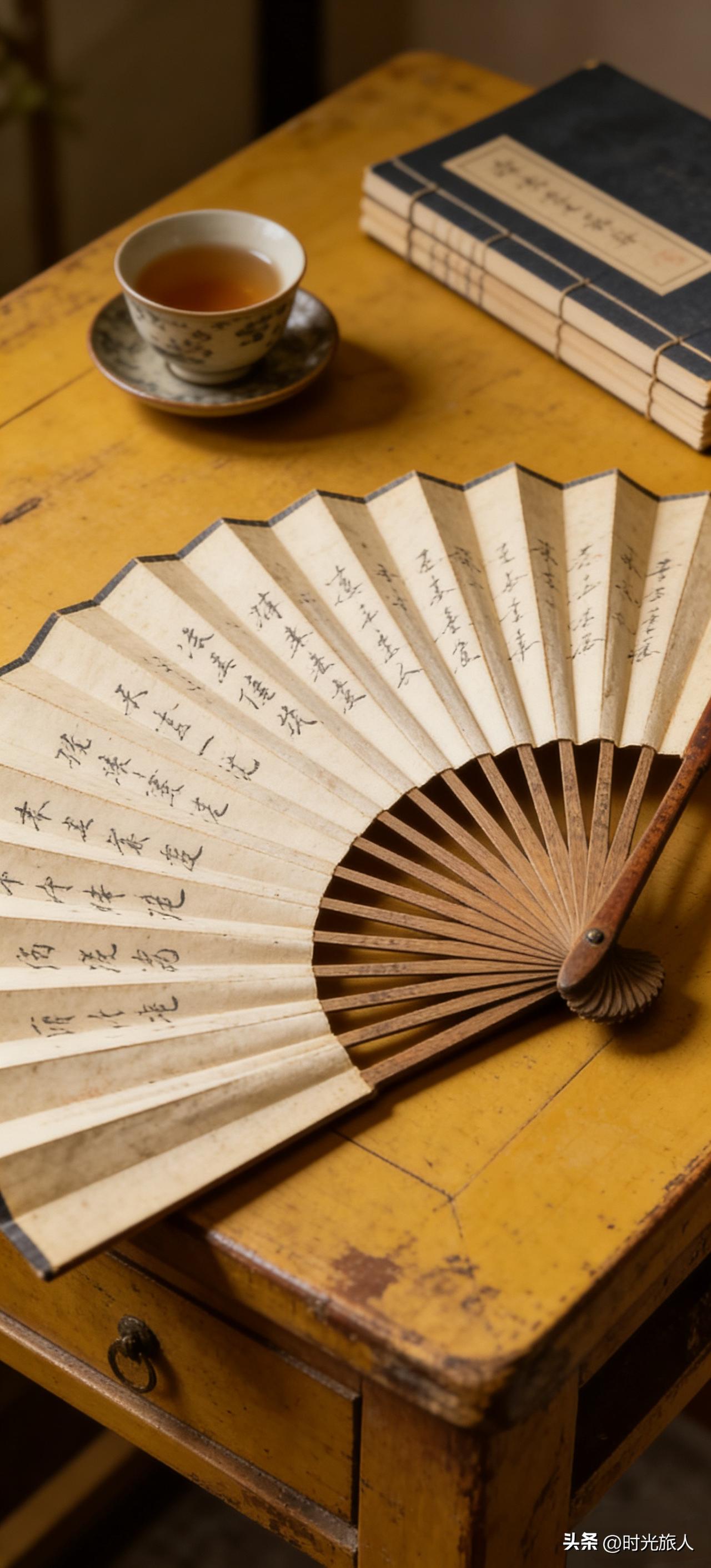 整理旧物时翻出一把老折扇，竹扇骨已经磨得发亮，扇面上的墨字被岁月浸得发淡，风一吹