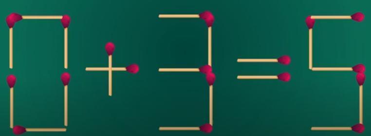 看这用火柴棒搭成的 “0 + 3 = 5”，显然不对呀～ 现在有个小挑战：只能移