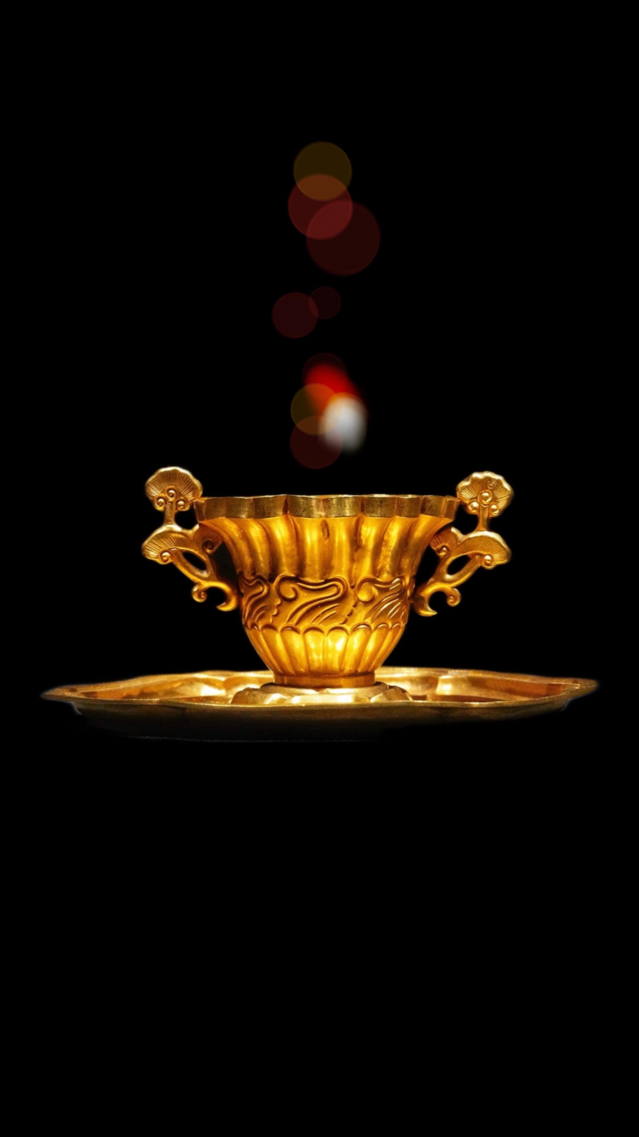 明代·灵芝耳金盏+鹤鹿仙人图金盏托。海上求仙客，三山望几时 焚香宿华顶...