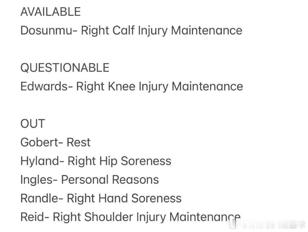 今天森林狼也是大面积“受伤”休斯顿火箭森林狼vs火箭休斯顿火箭